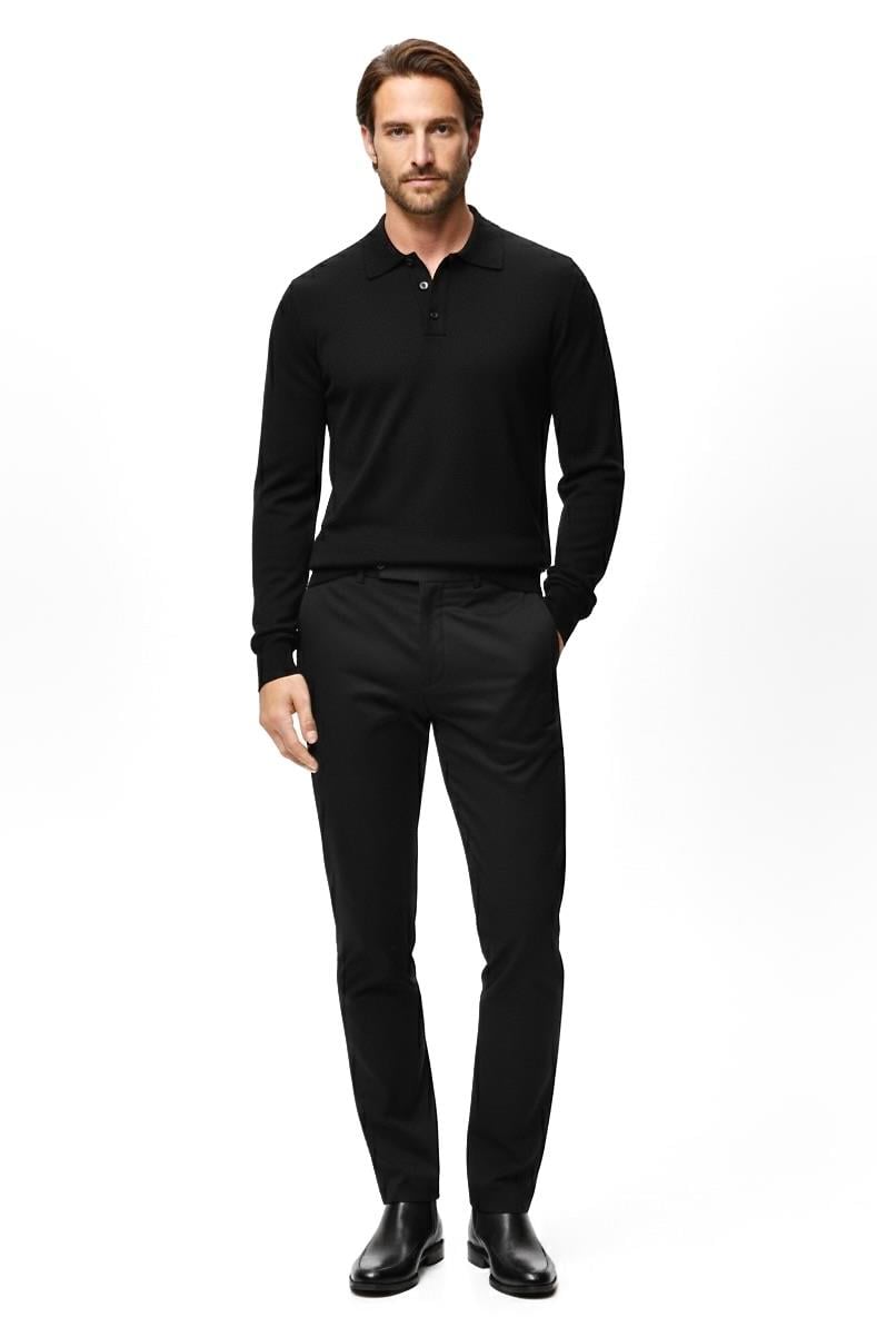 Regular Fit Polo Yaka Triko Kazak - Siyah