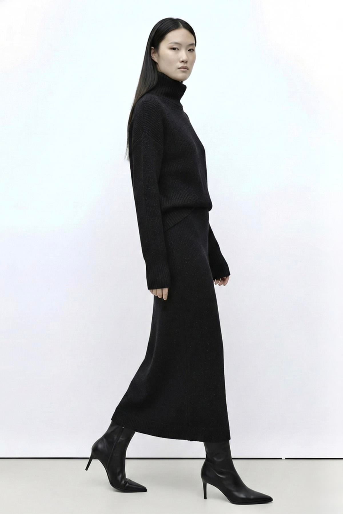 Simli Oversize Triko Kazak - Siyah