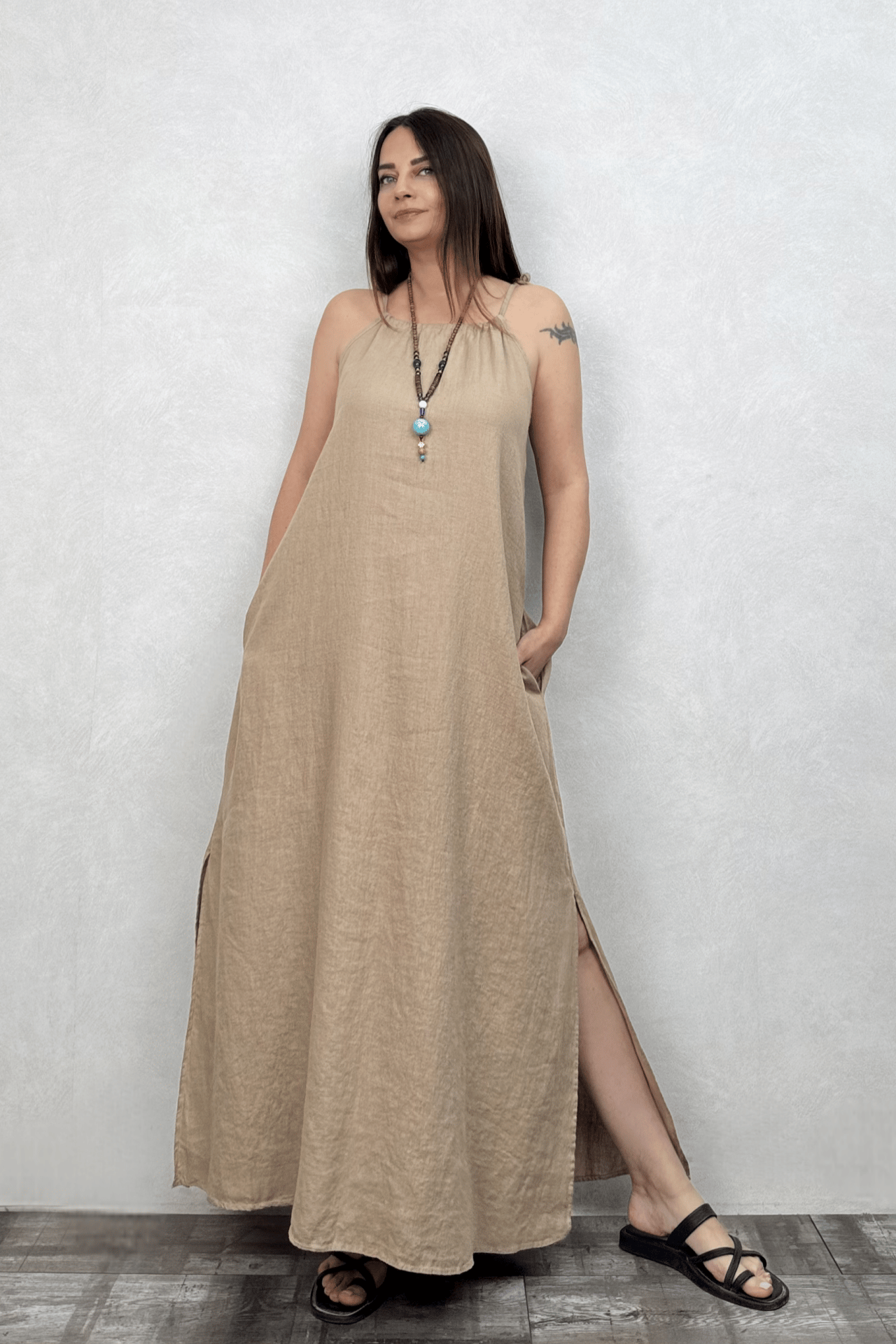 Amore Keten Elbise - Naturel Camel