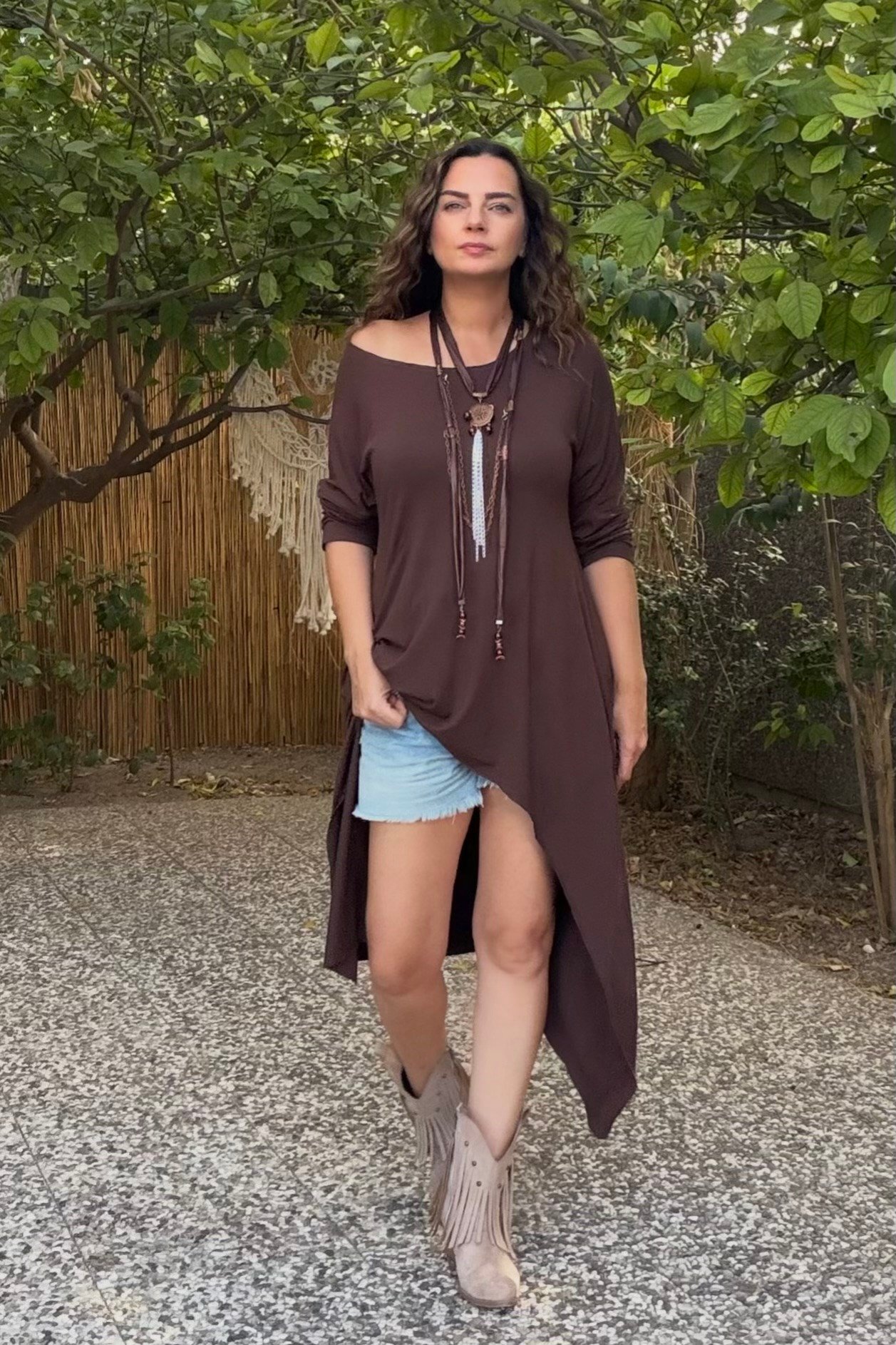 . - Asimetrik Maxi Uzun Tunik Elbise - Kahverengi