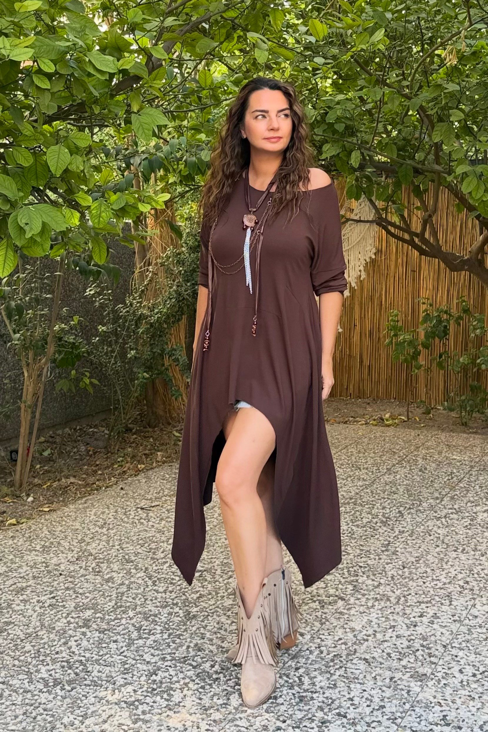 . - Asimetrik Maxi Uzun Tunik Elbise - Kahverengi