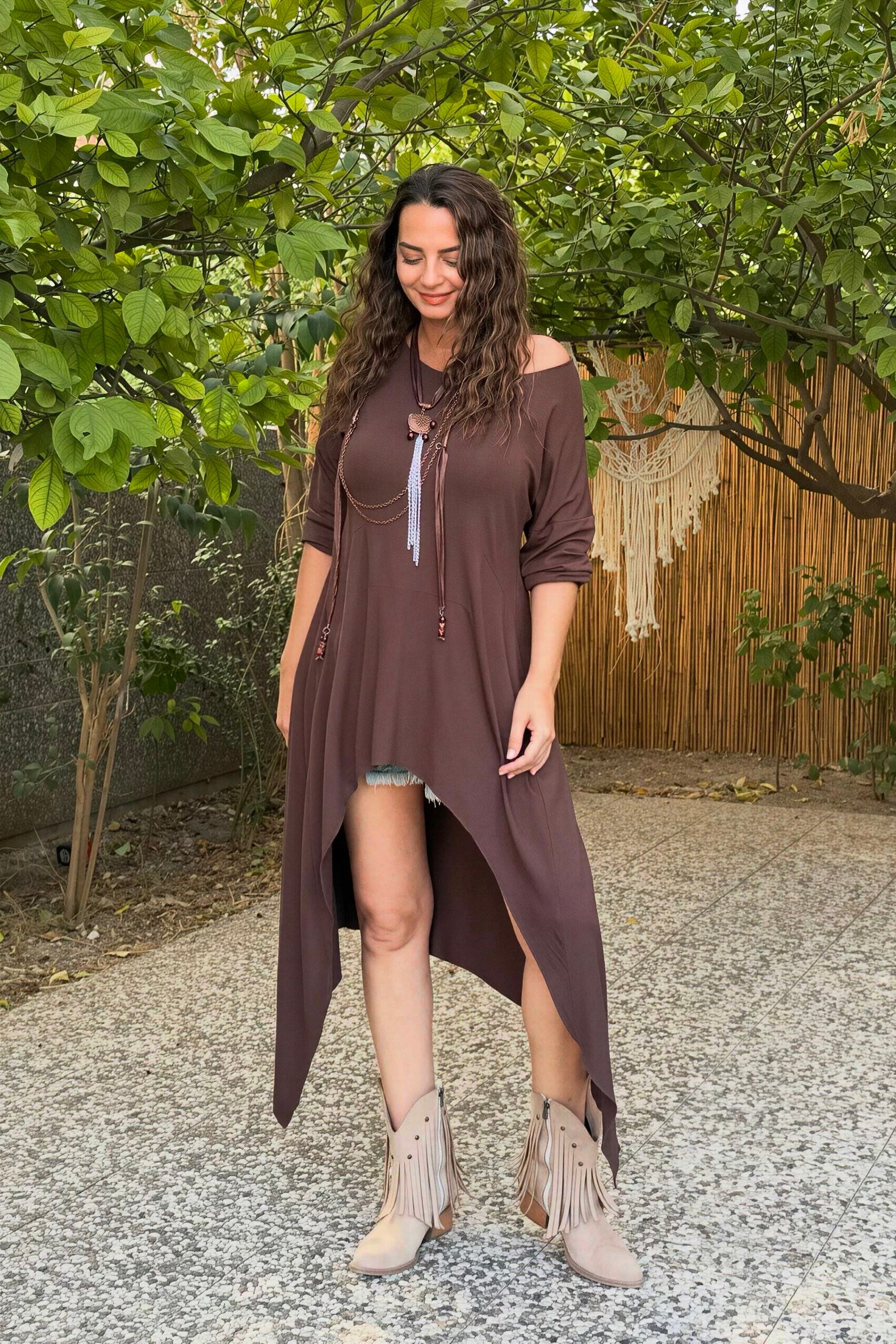 . - Asimetrik Maxi Uzun Tunik Elbise - Kahverengi