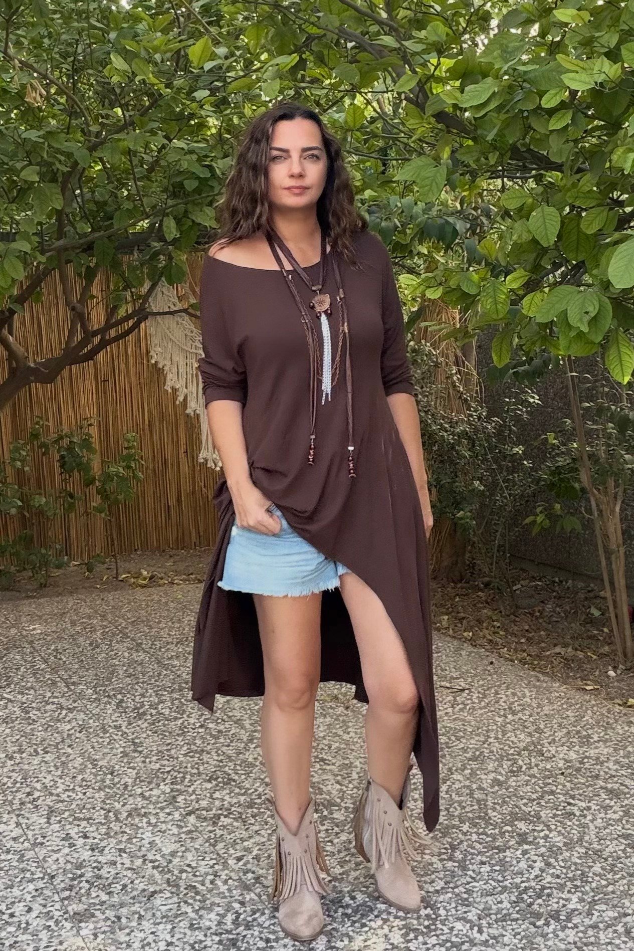 . - Asimetrik Maxi Uzun Tunik Elbise - Kahverengi