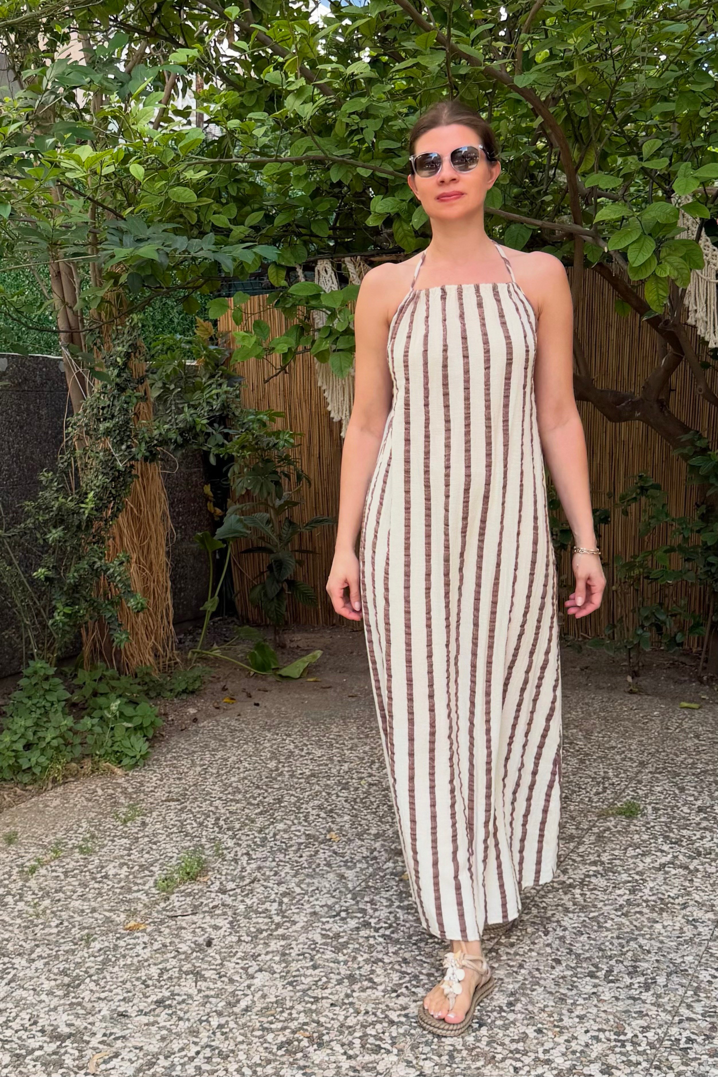 . - Blanca Gaia Elara Elbise - Kahve Şeritli Kırık Beyaz 