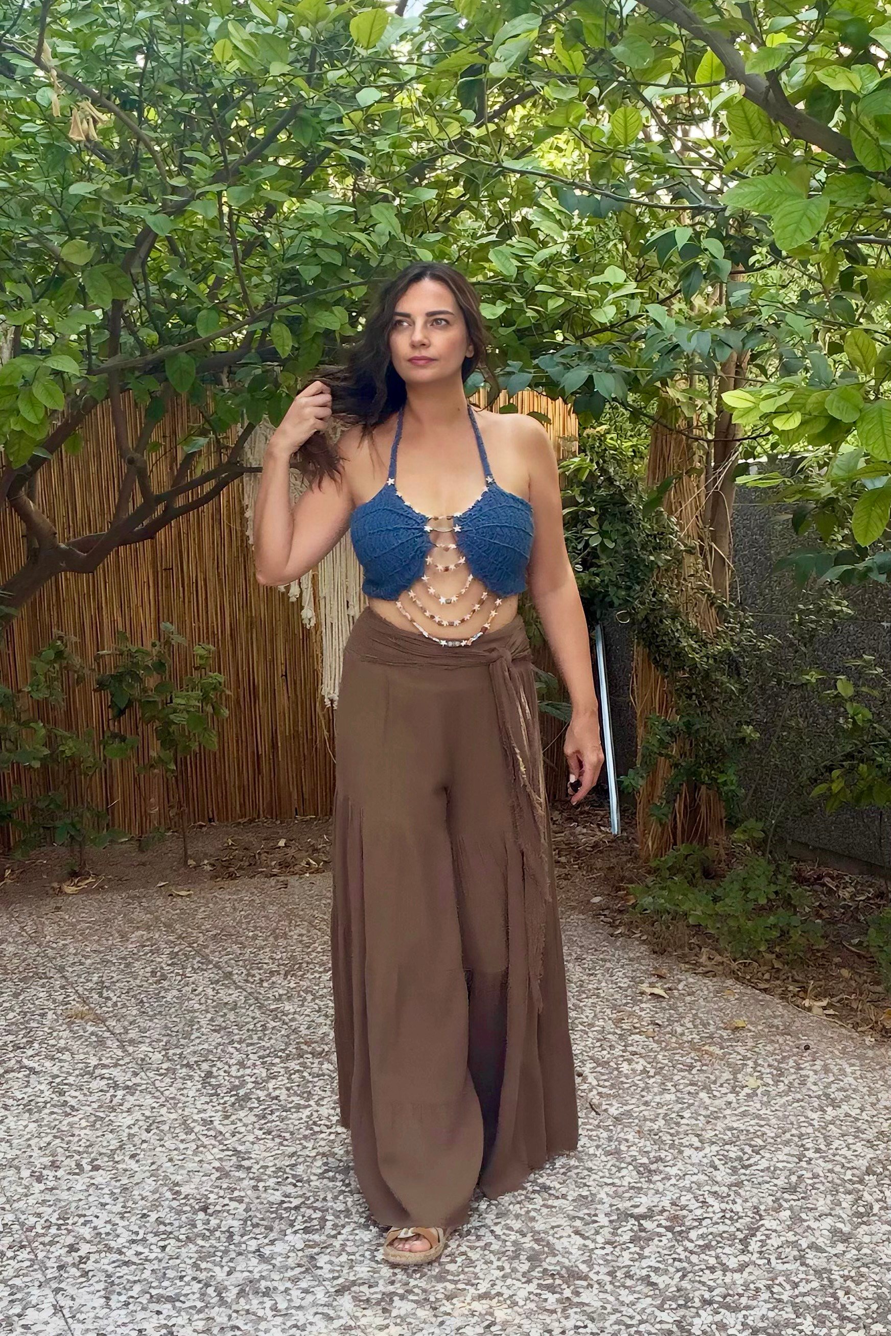 . - Boho Tasarım Boncuklu Crop -Lacivert