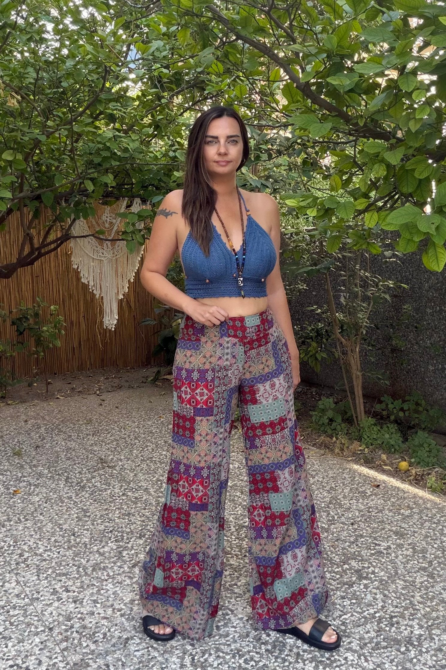 . - Boncuk Detaylı Hand Made Crop -Mavi 