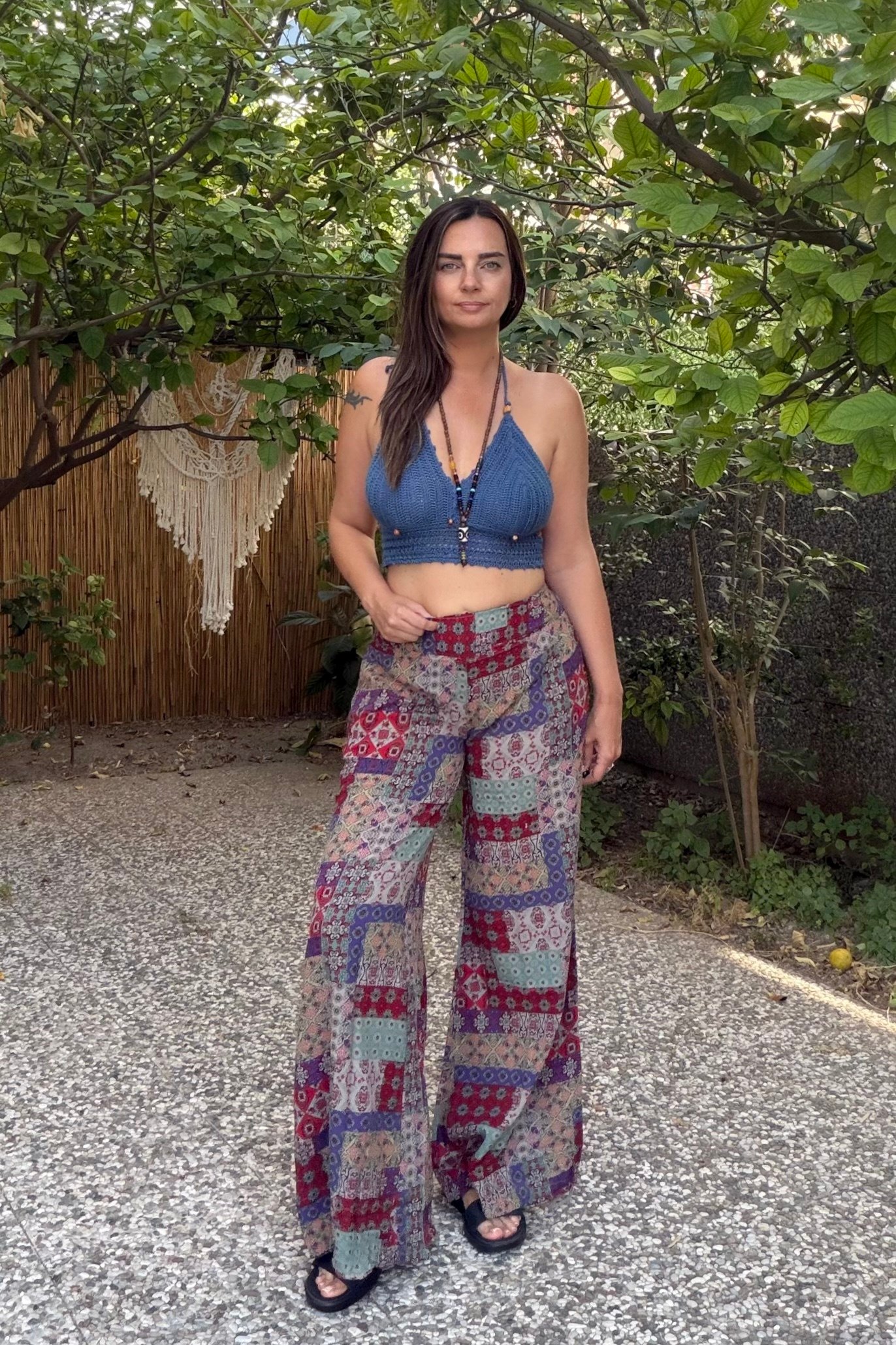 . - Boncuk Detaylı Hand Made Crop -Mavi 
