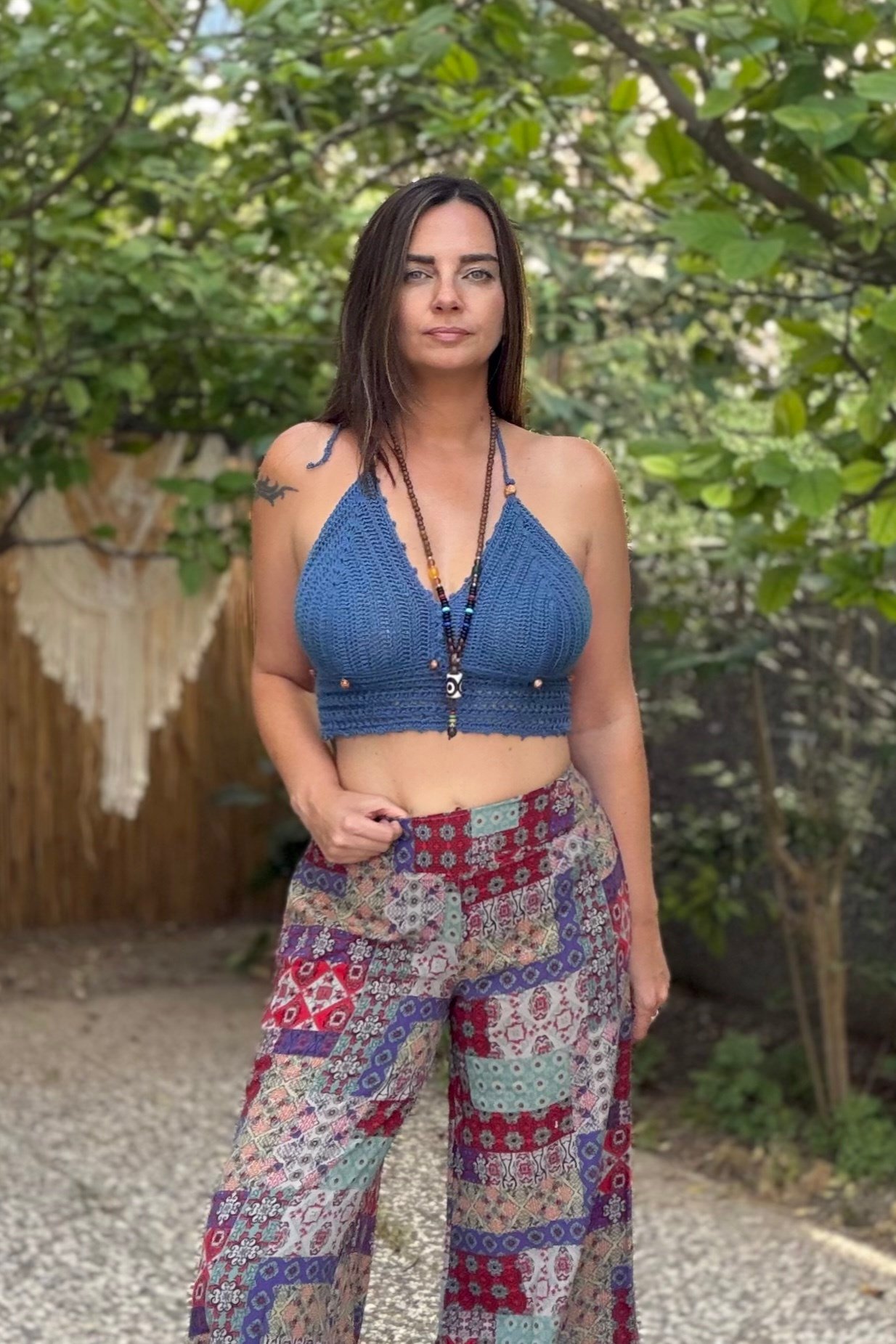 . - Boncuk Detaylı Hand Made Crop -Mavi 