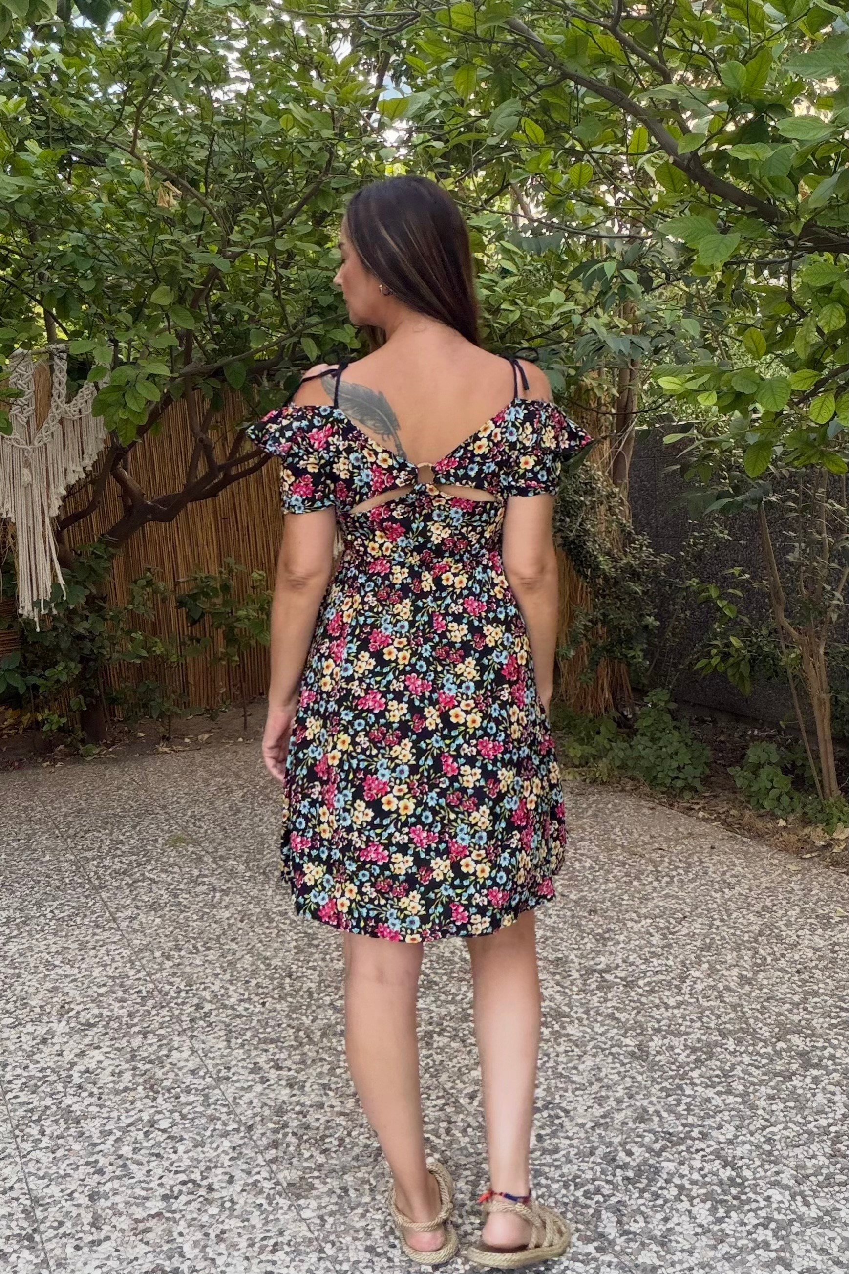 . - Çıtır Çiçek Mini Elbise -Siyah