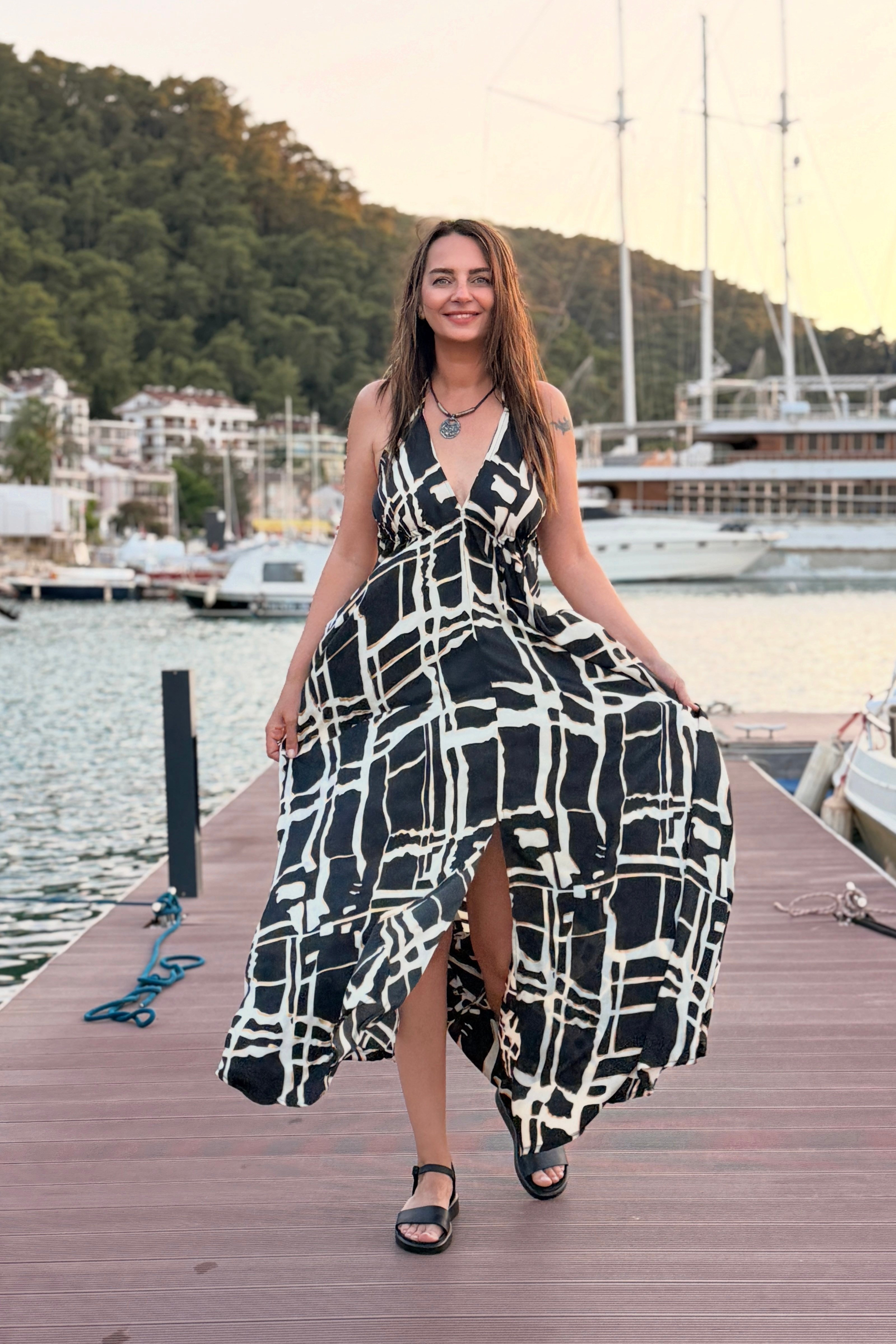 . - Dalia İpek Elbise -Gold Black