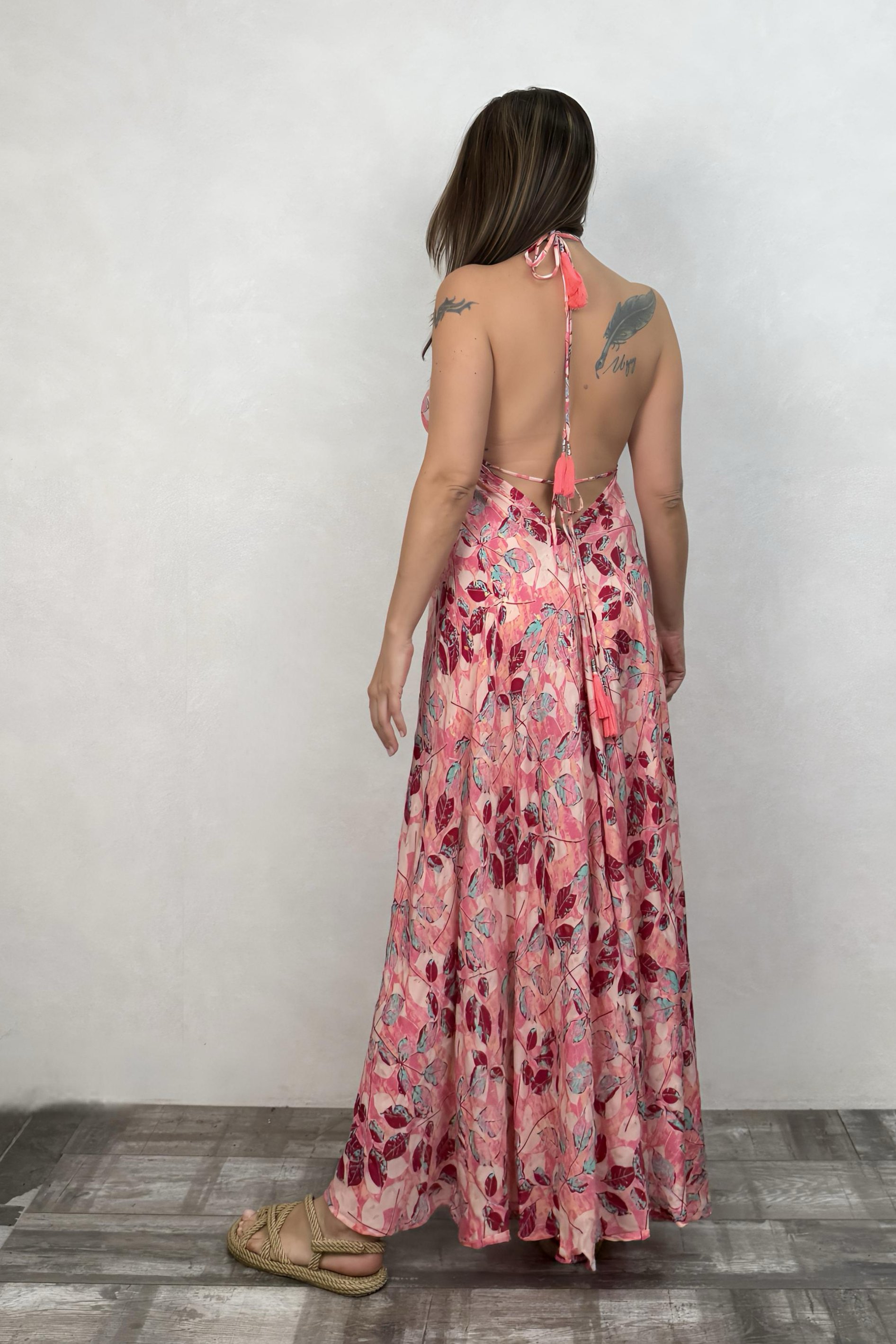 . - Dalia İpek Elbise -Pink Flor