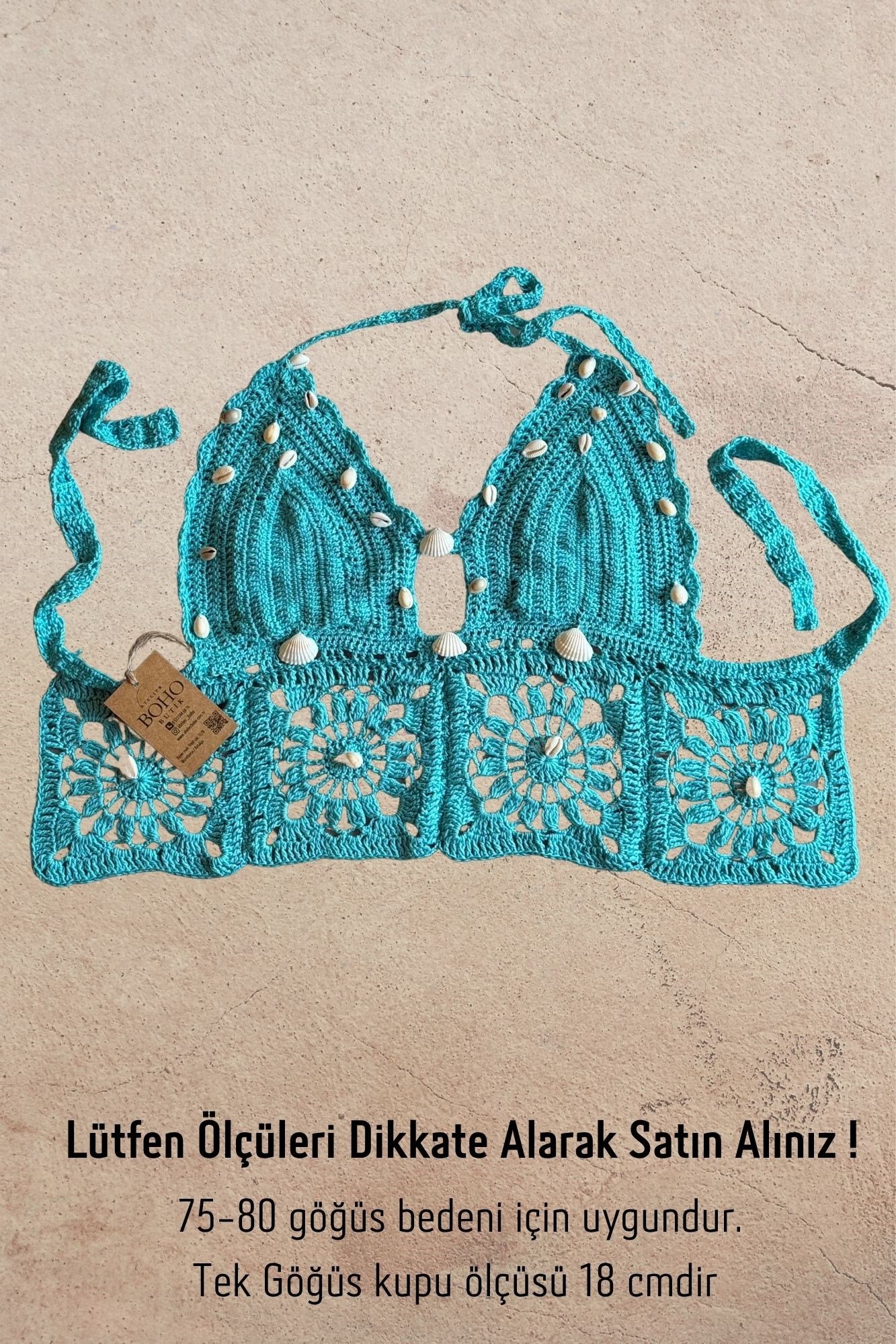 . - Deniz Kabuğu  Hand Made Crop Bluz - Turkuaz
