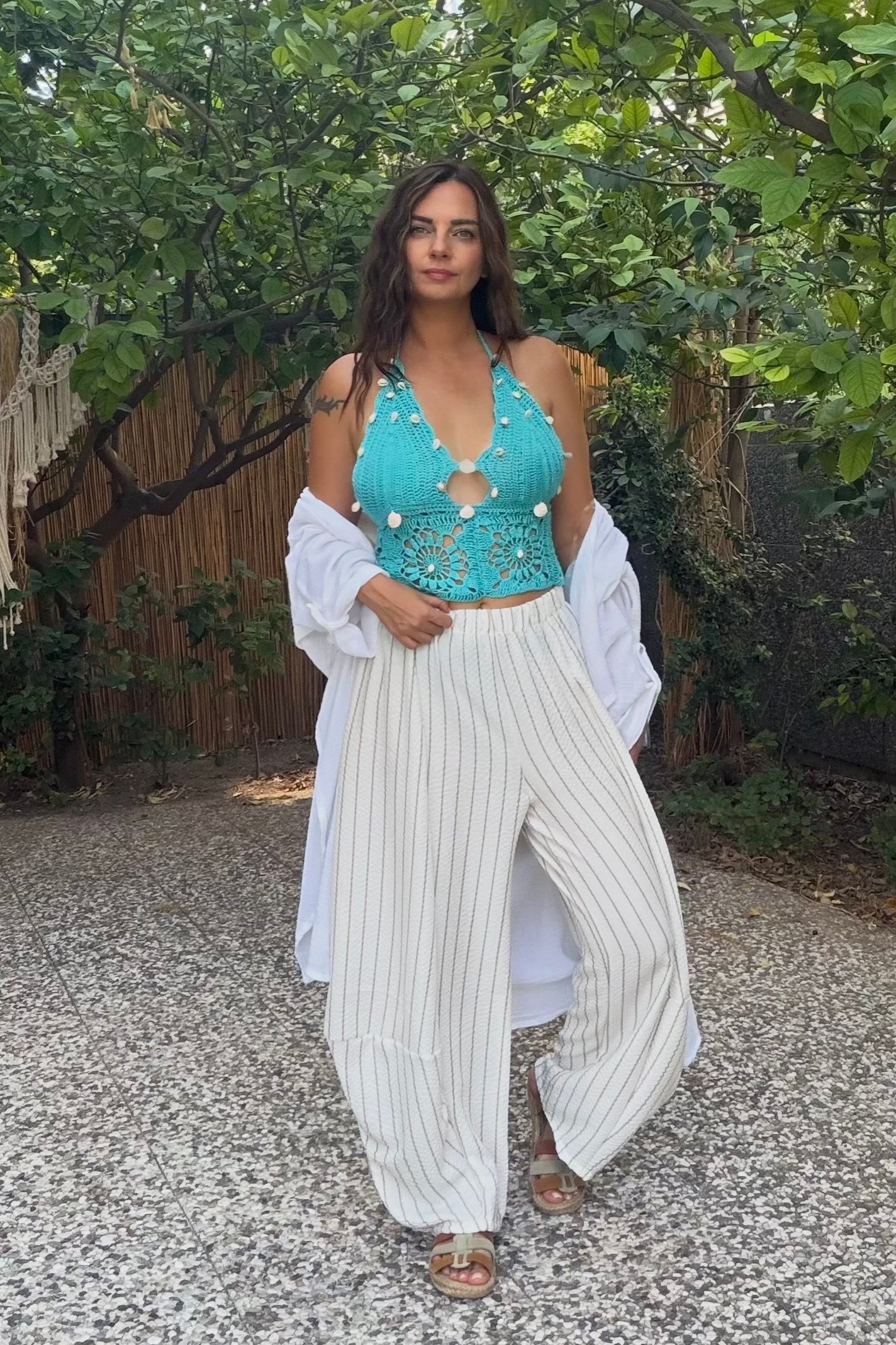 . - Deniz Kabuğu  Hand Made Crop Bluz - Turkuaz