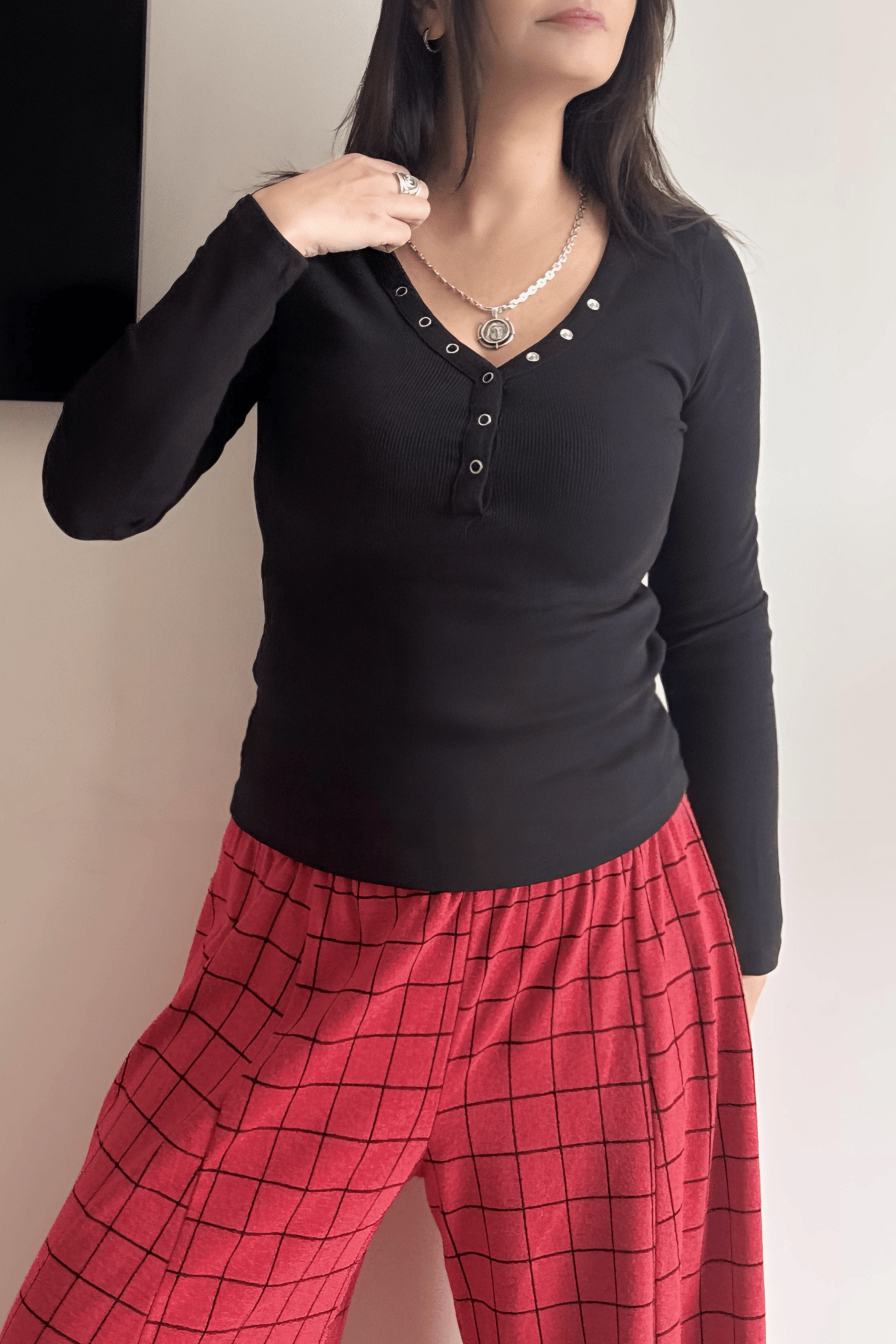 . - Düğmeli Fit Bluz - Siyah