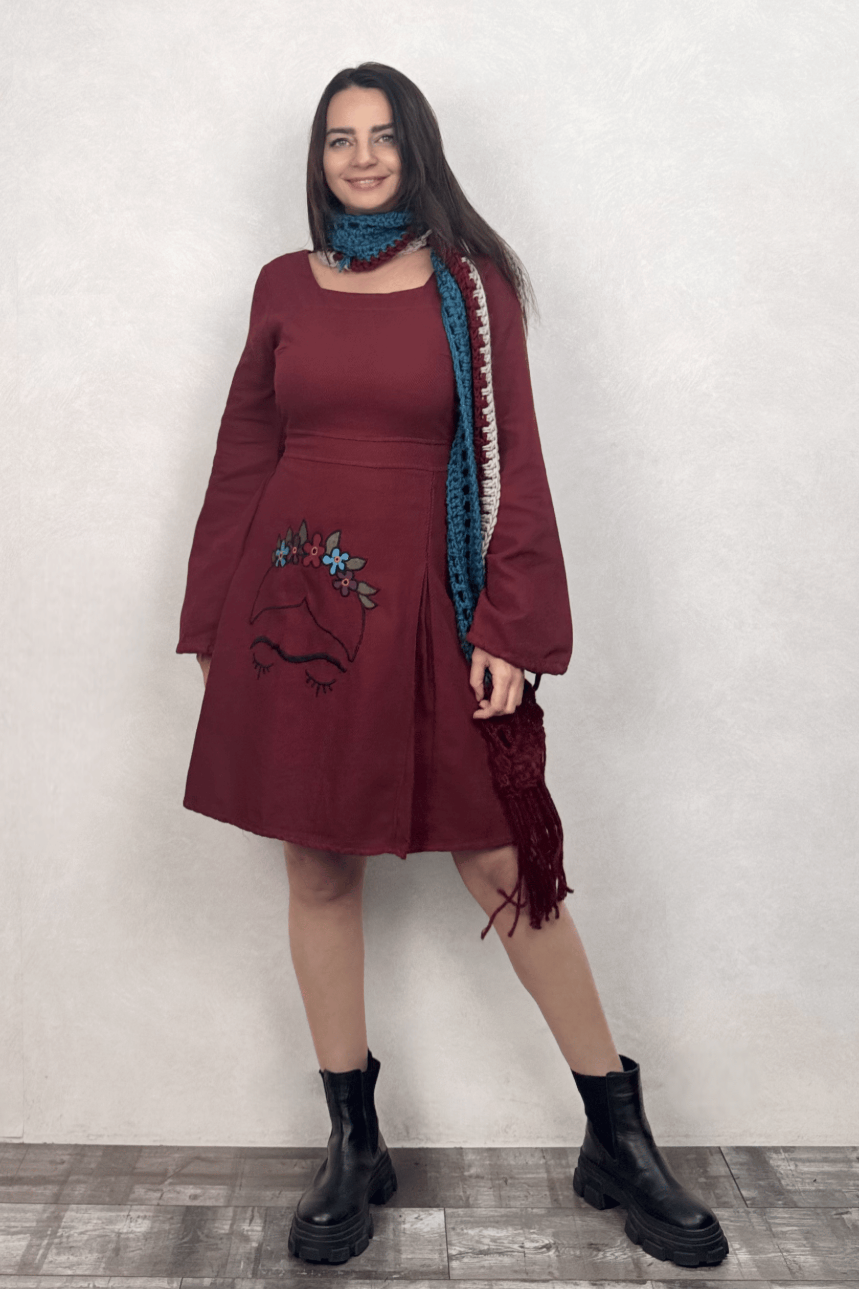 . - Flor de Frida Elbise - Bordo
