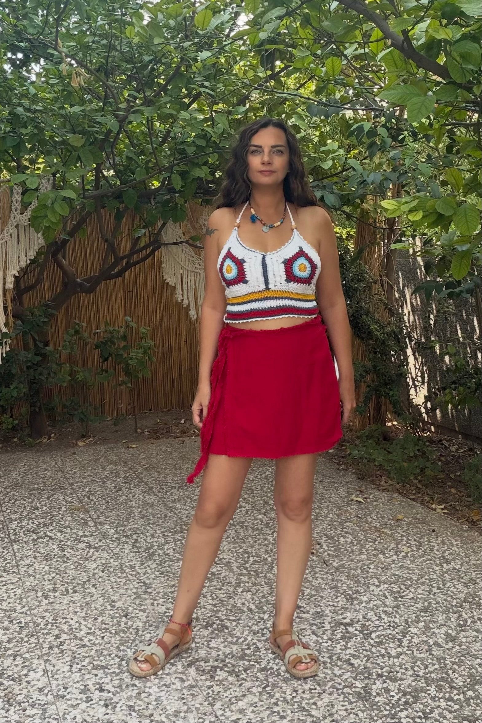 . - Hand Made Motifli Crop Bluz  Beyaz