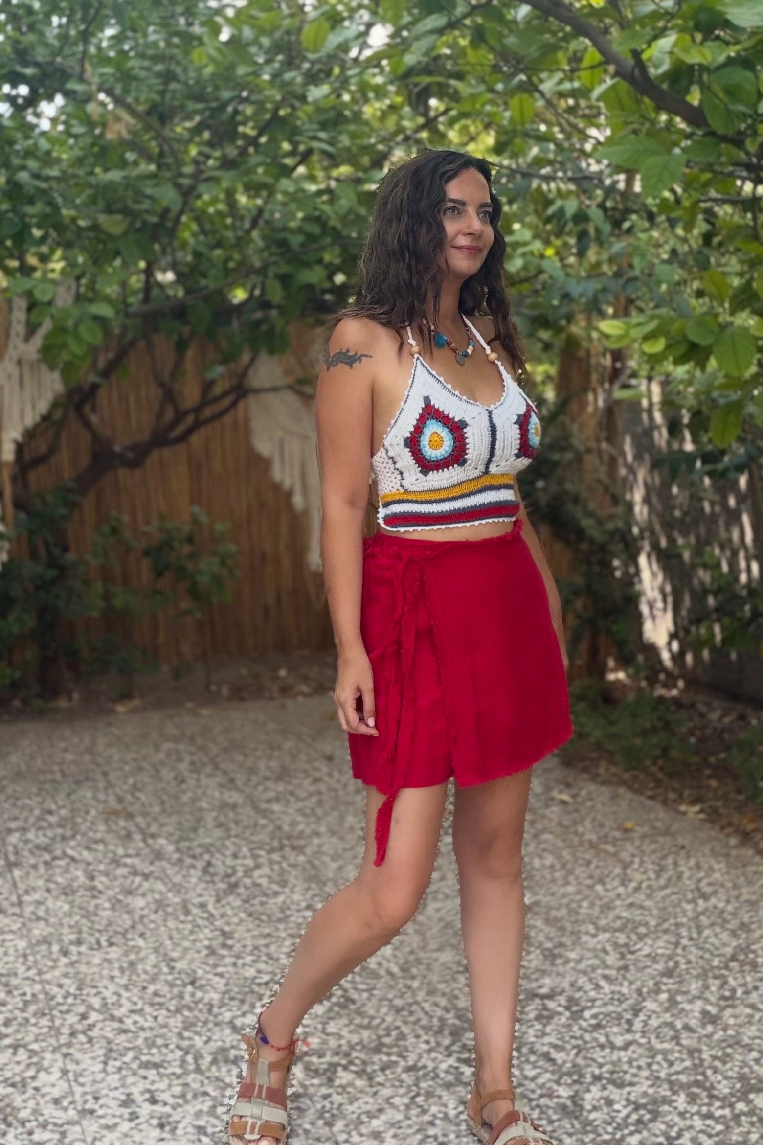 . - Hand Made Motifli Crop Bluz  Beyaz
