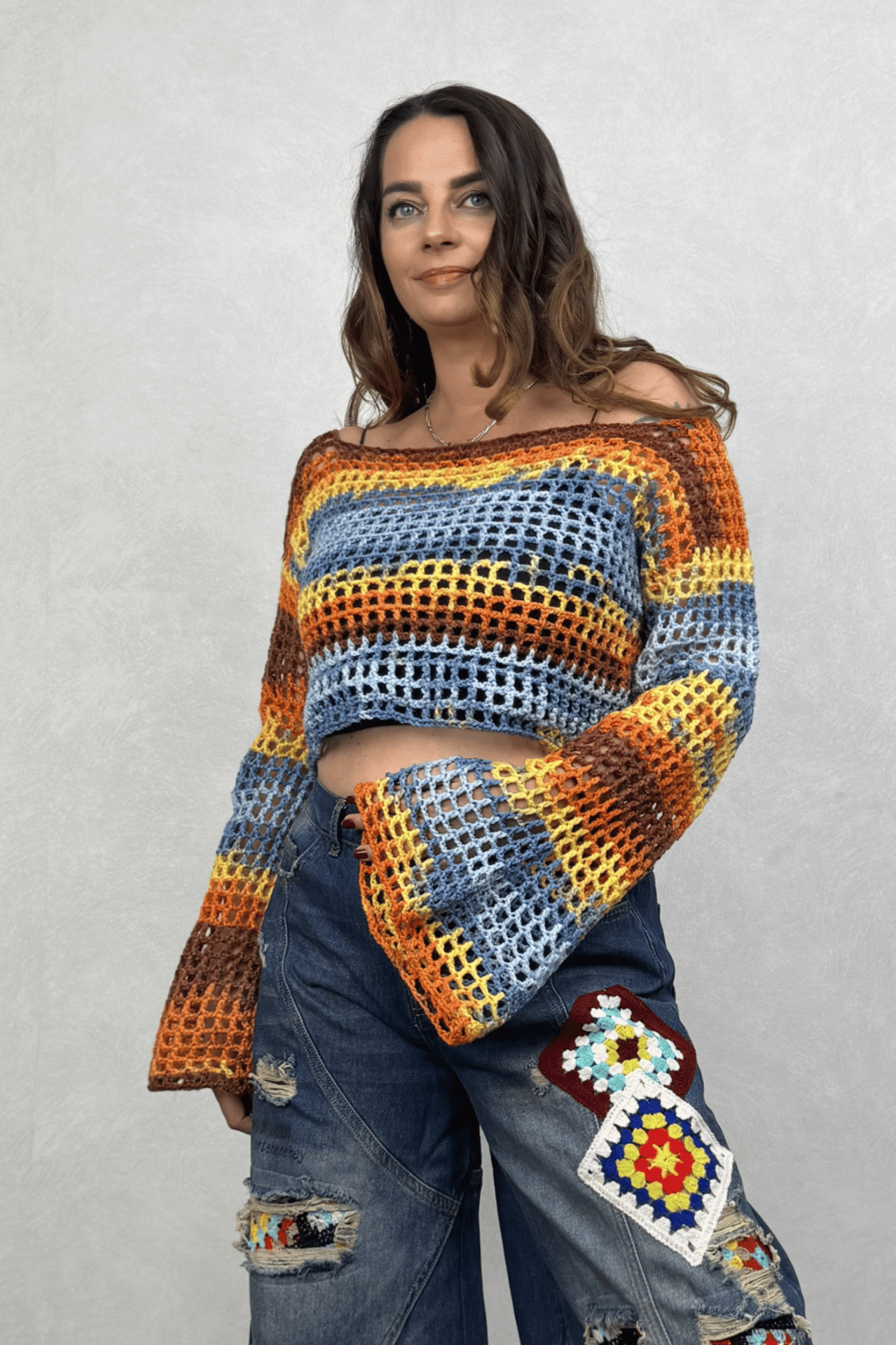 İspanyol Kol Batik Örgü Crop Bluz- Sarı Batik