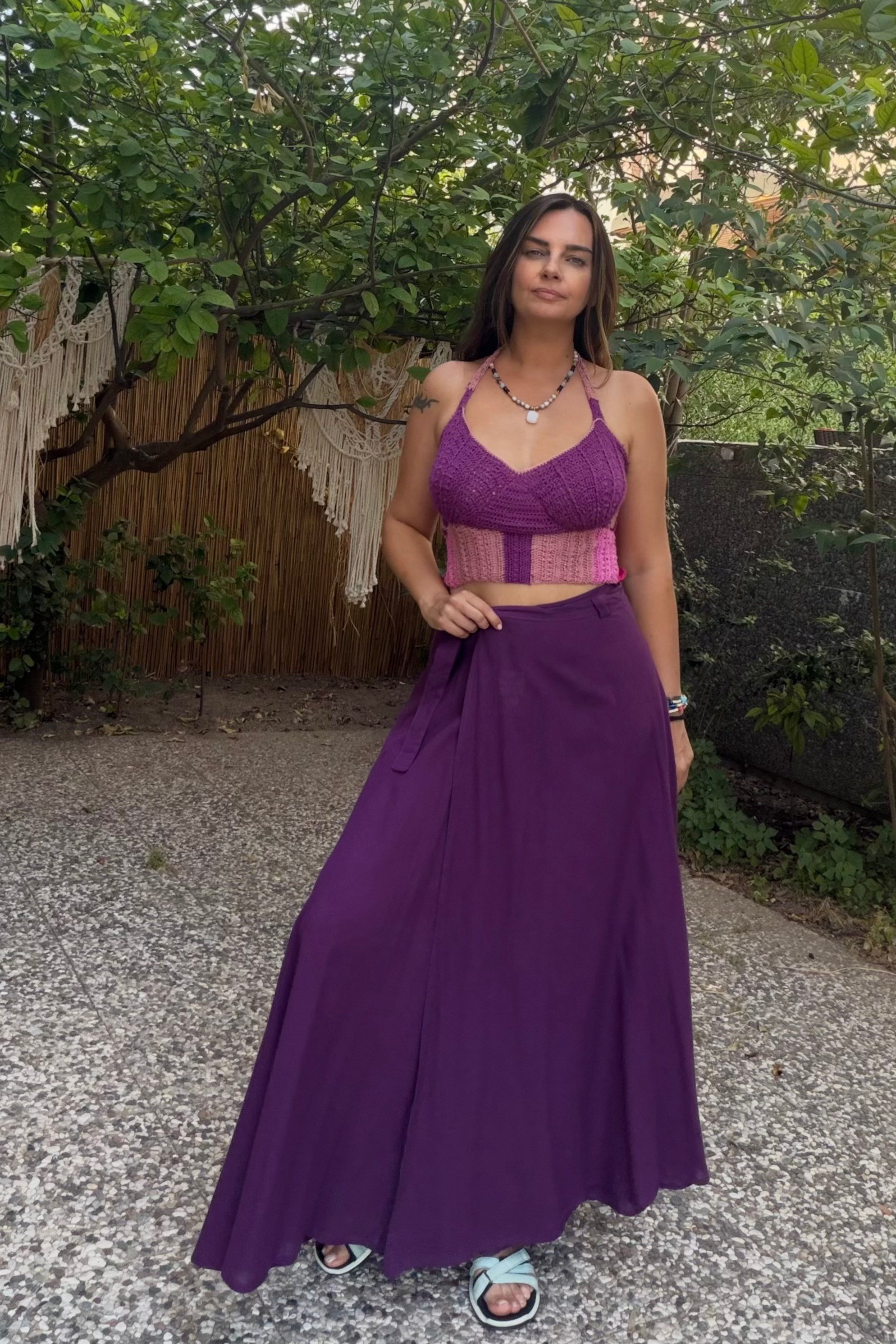 . - İstiridye Bohem Hand Made Crop - Mor Pembe