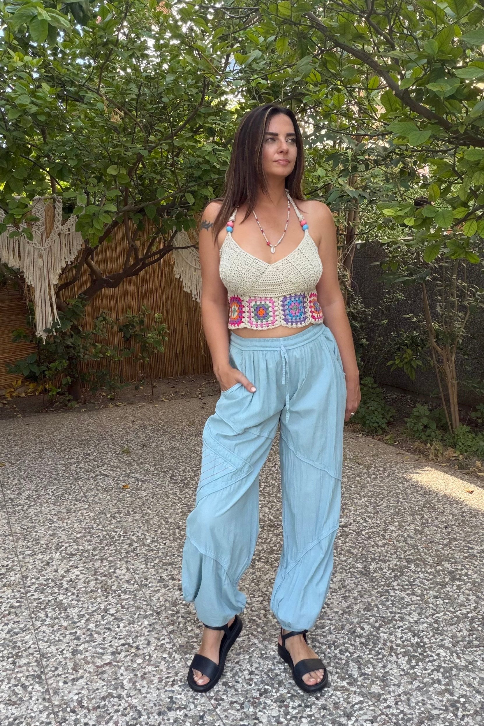 . - İstiridye Renk Motifli Hand Made Crop - Vizon