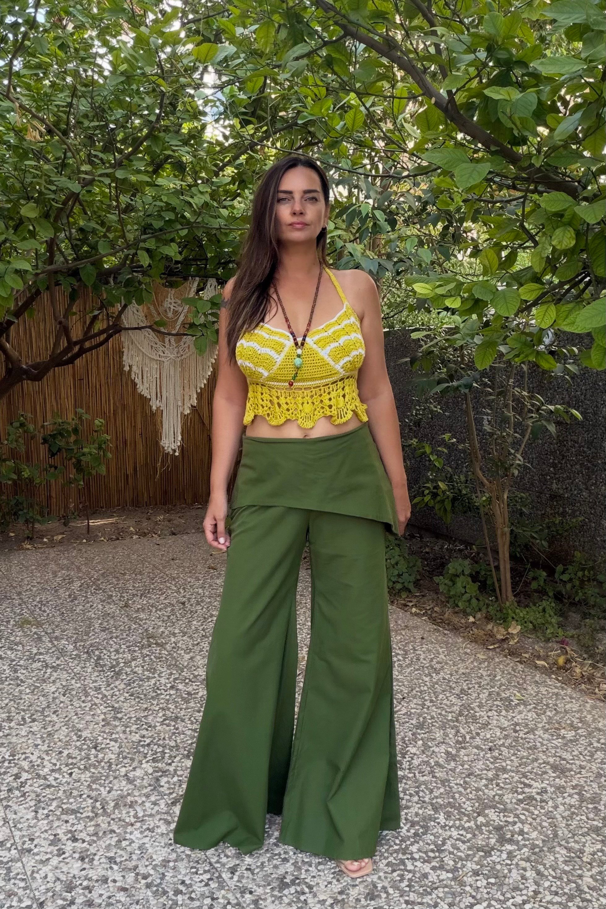 . - İstiridye Renk Motifli Hand Made Crop - Sarı