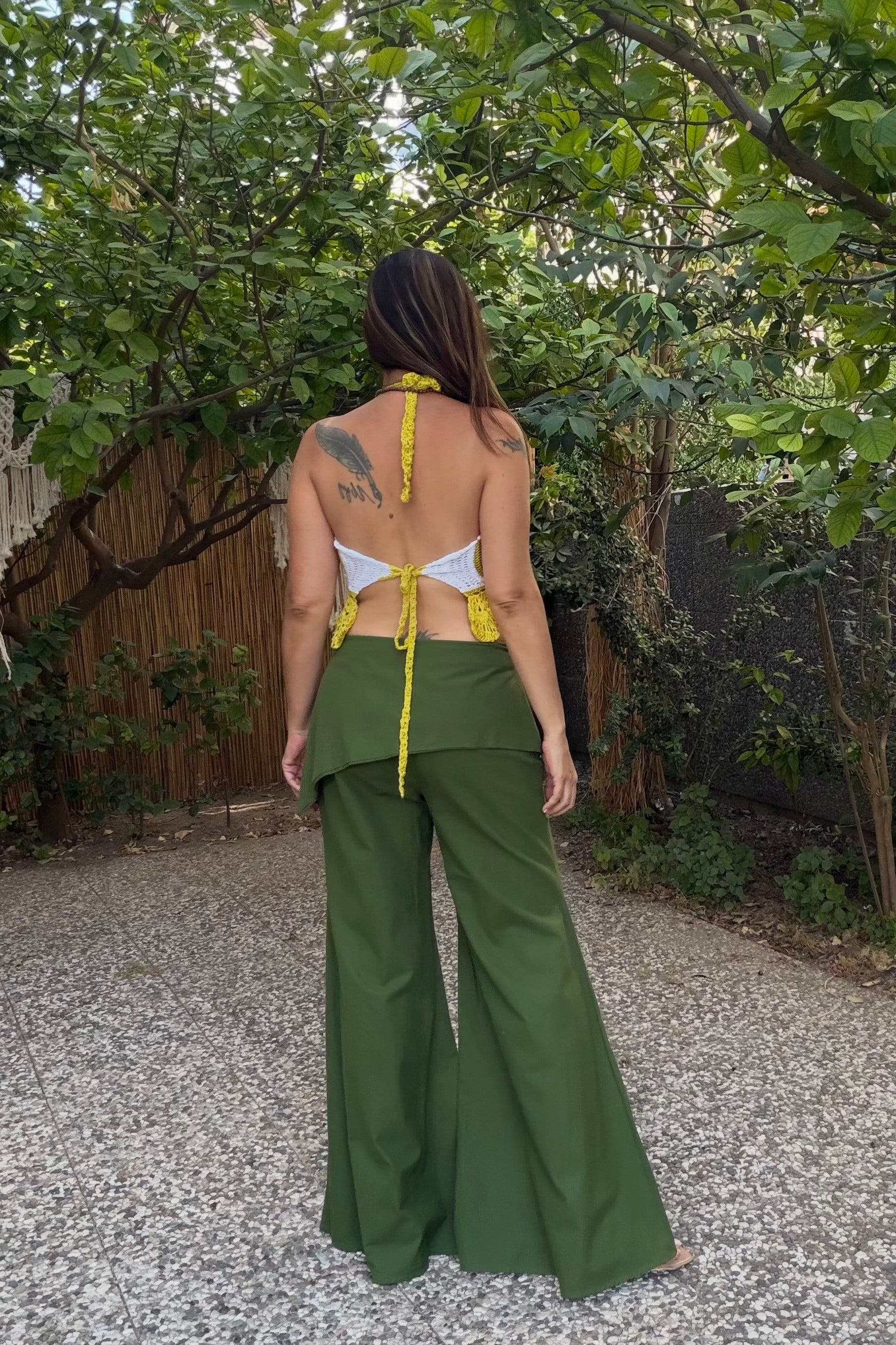 . - İstiridye Renk Motifli Hand Made Crop - Sarı