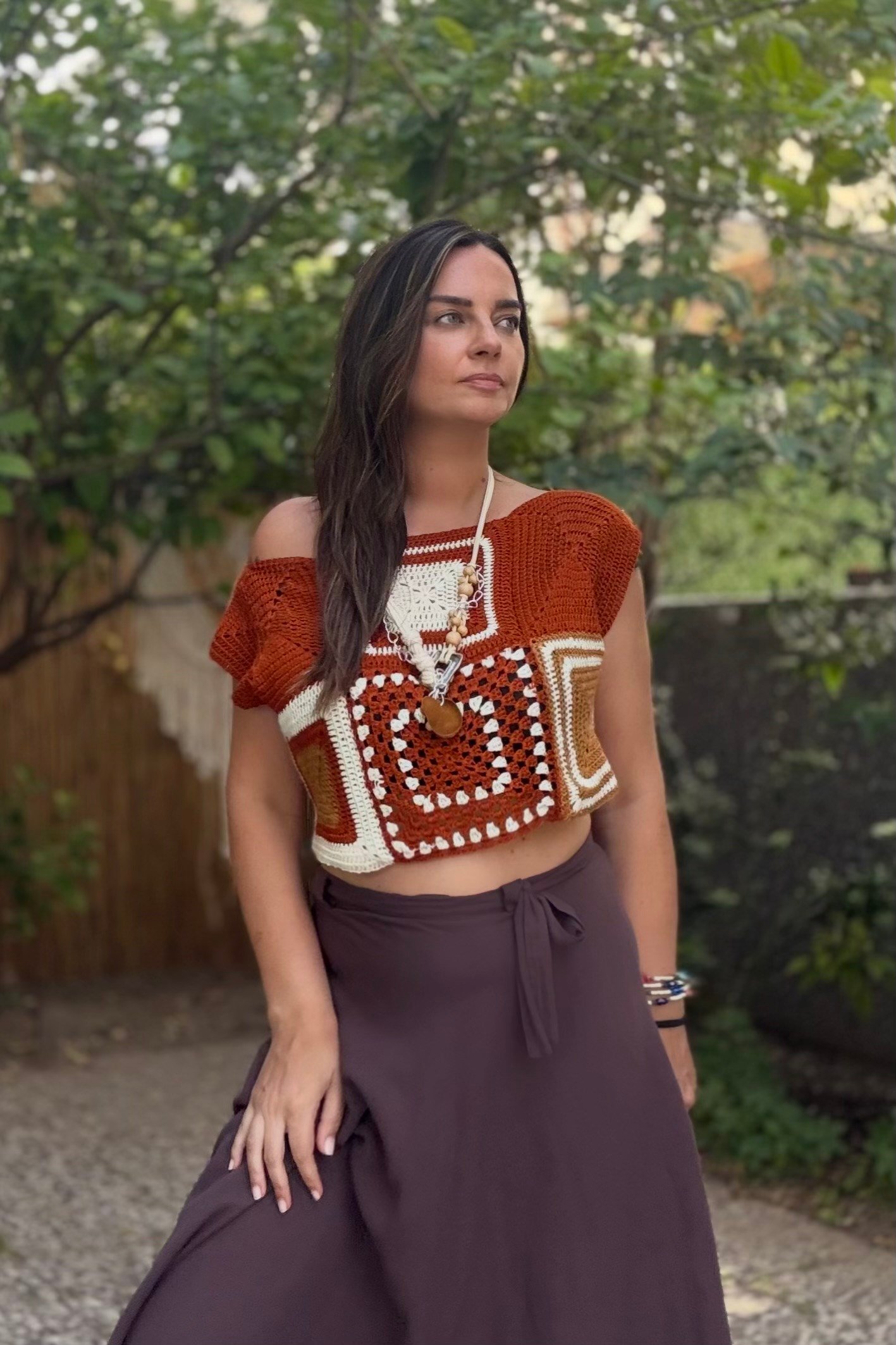 . - Kayık Yaka  Hand Made Motif Bluz - Tarçın Kahve
