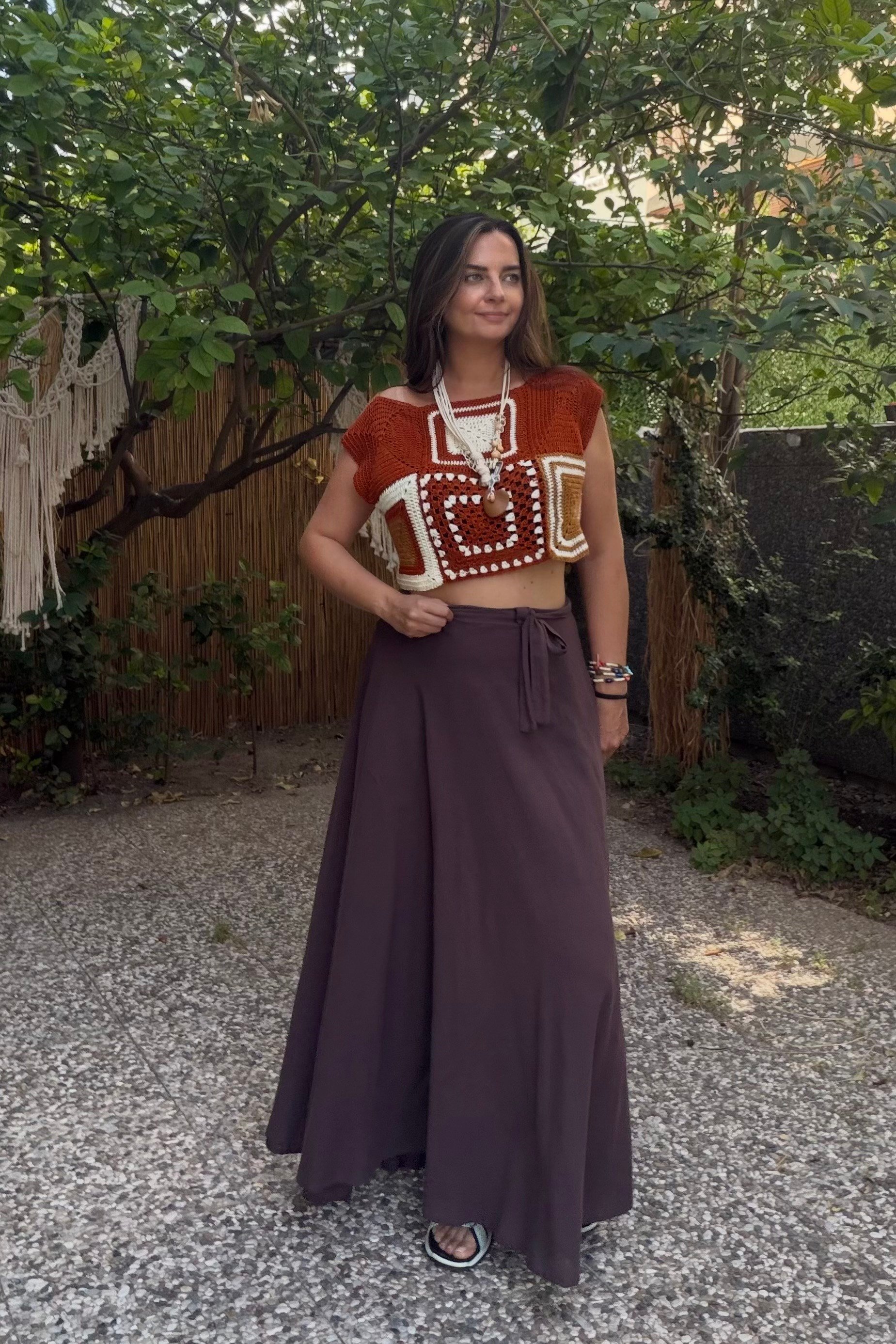 . - Kayık Yaka  Hand Made Motif Bluz - Tarçın Kahve