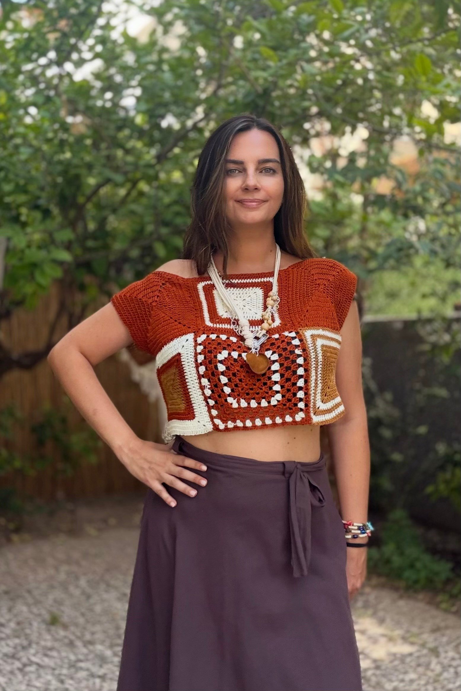 . - Kayık Yaka  Hand Made Motif Bluz - Tarçın Kahve
