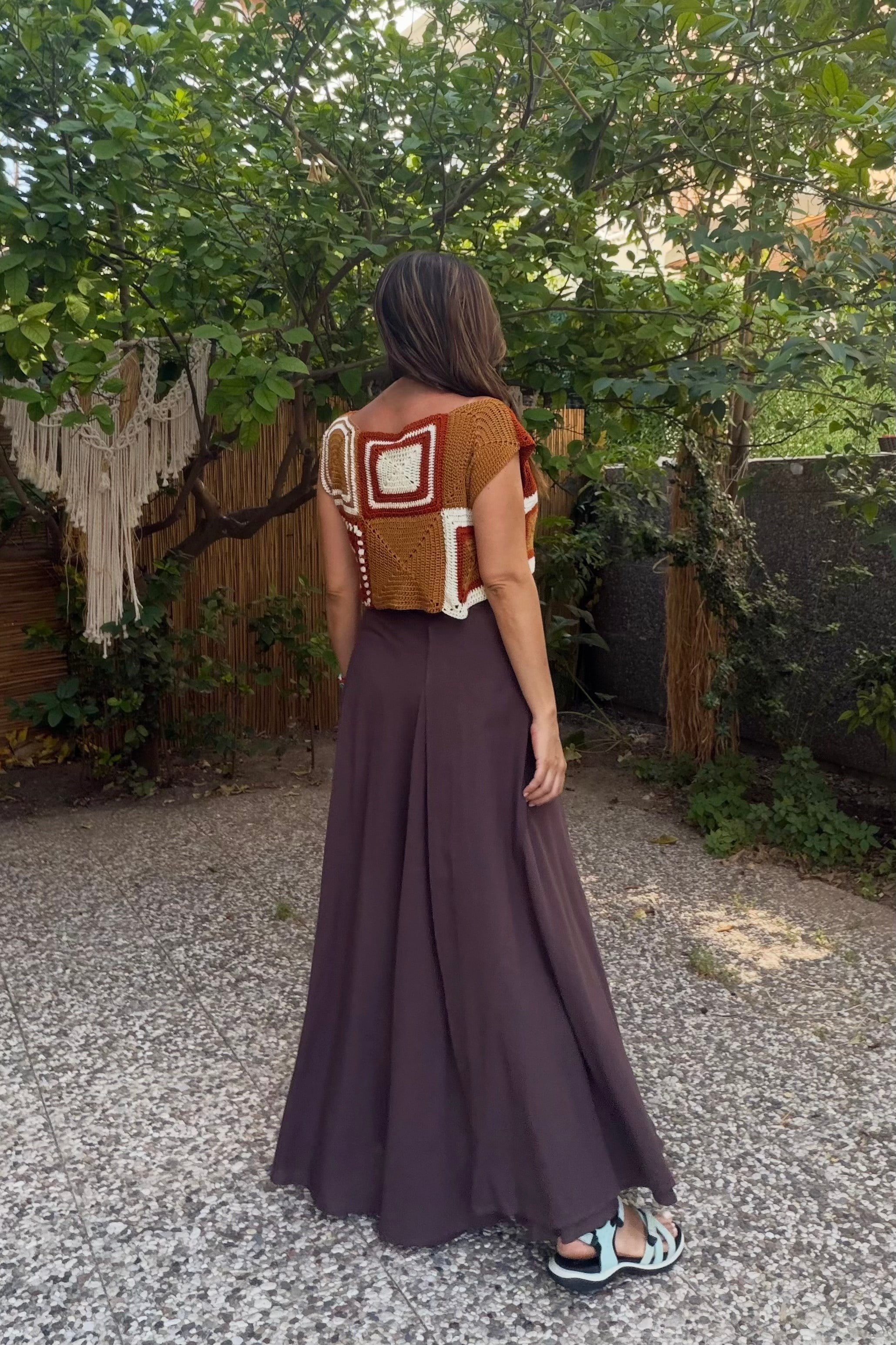 . - Kayık Yaka  Hand Made Motif Bluz - Tarçın Kahve