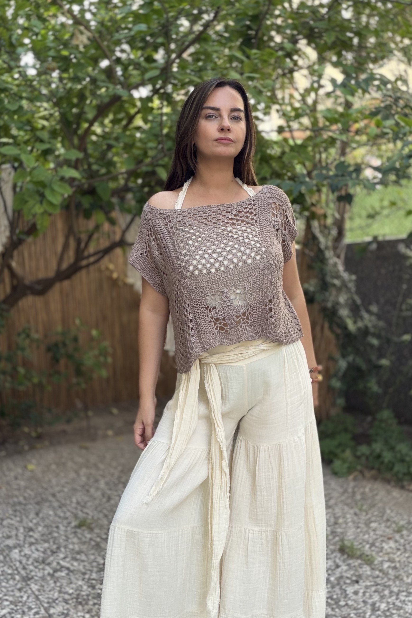 . - Kayık Yaka  Hand Made Tasarım Bluz - Sütlü Kahve