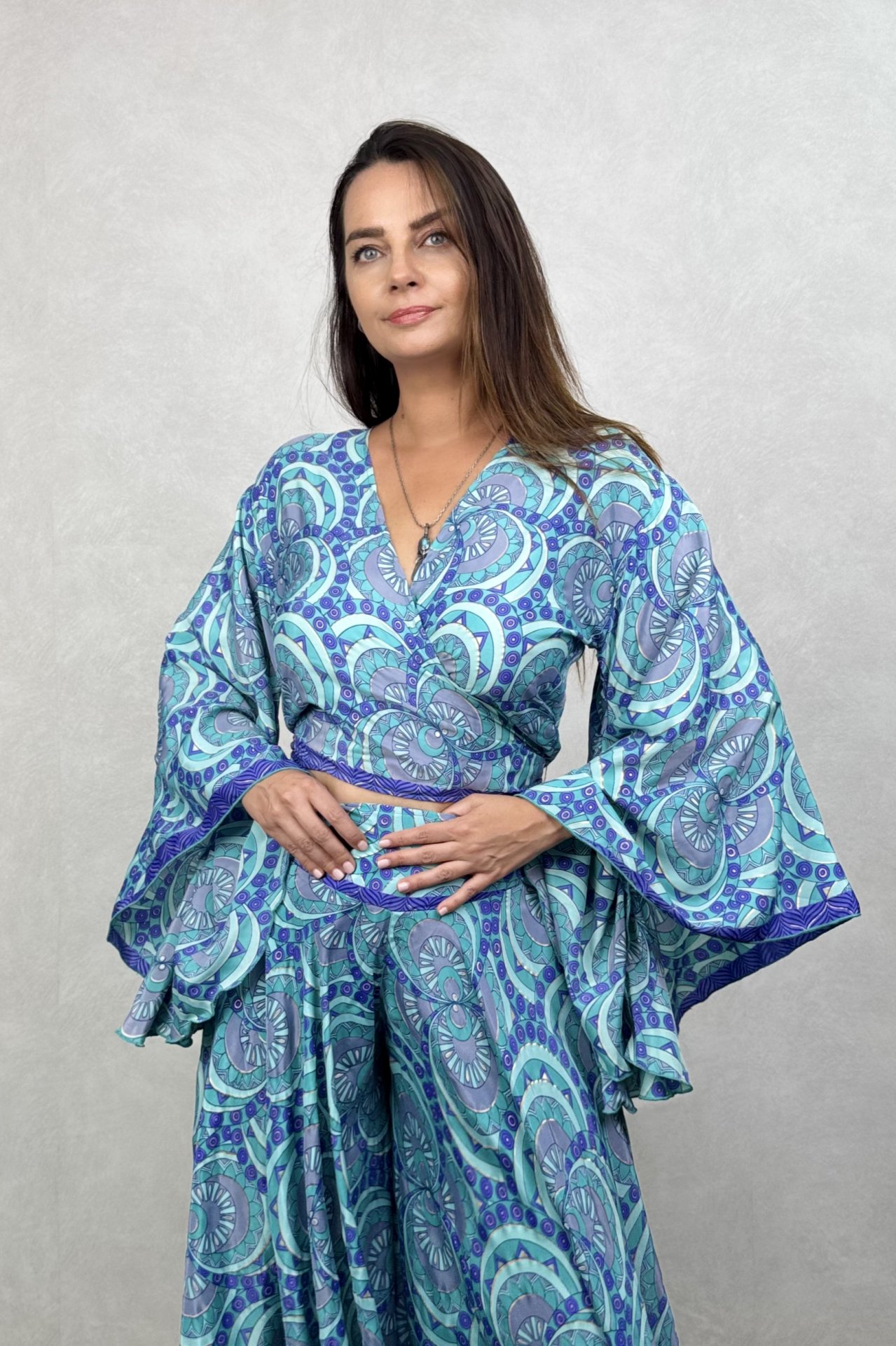 Kimono Kol İpek Bolero Bluz - Mavi Dalga