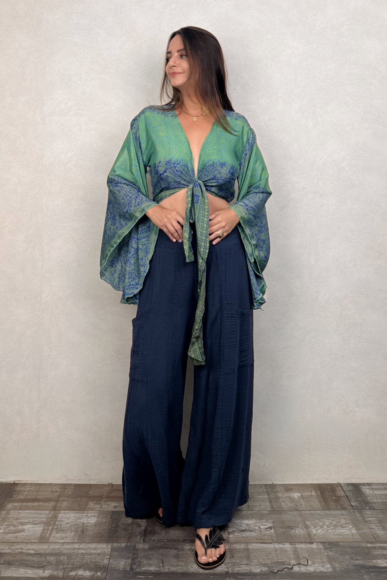 Kimono Kol İpek Bolero Bluz - Mavi Yeşil