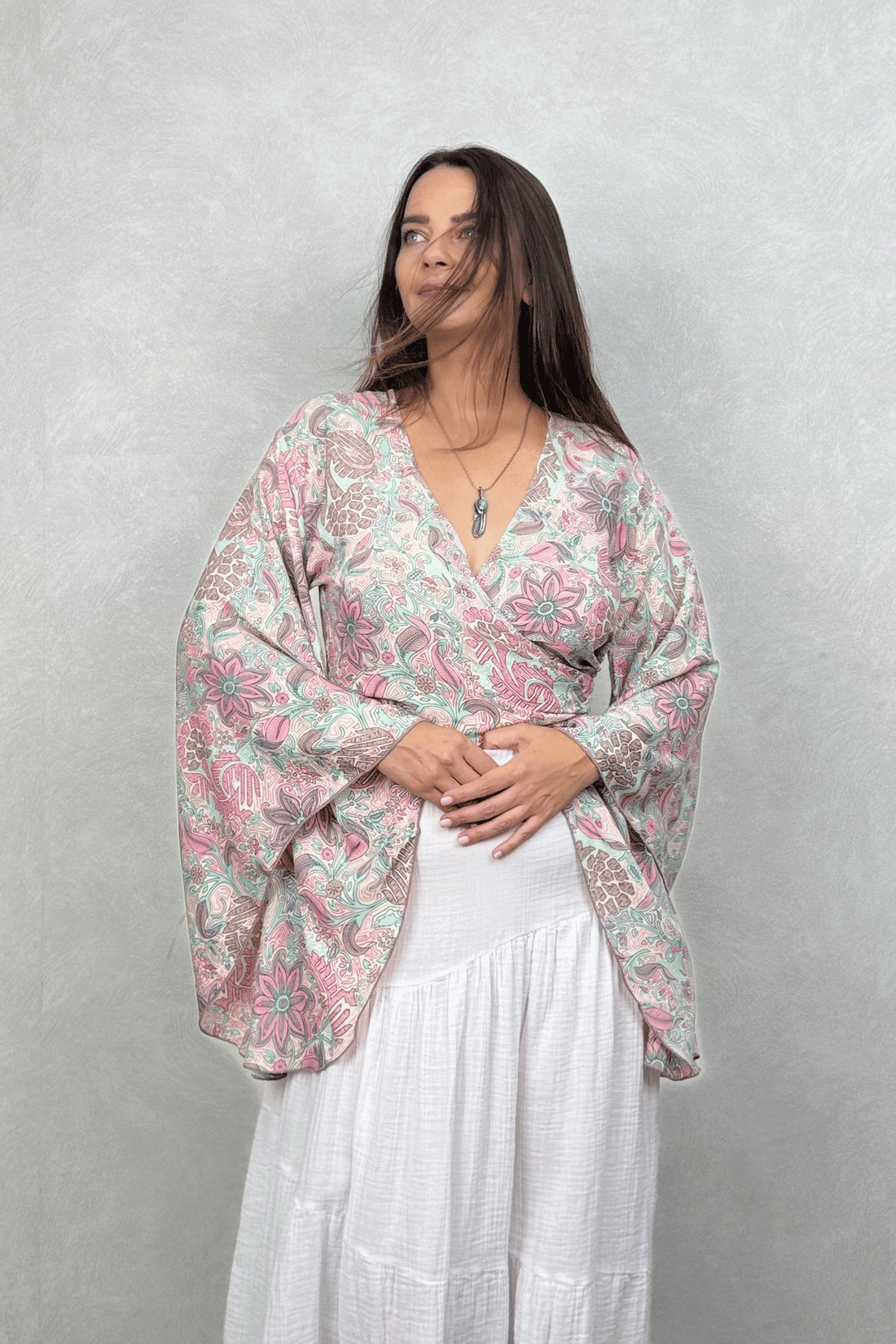 Kimono Kol İpek Bolero Bluz - Somon
