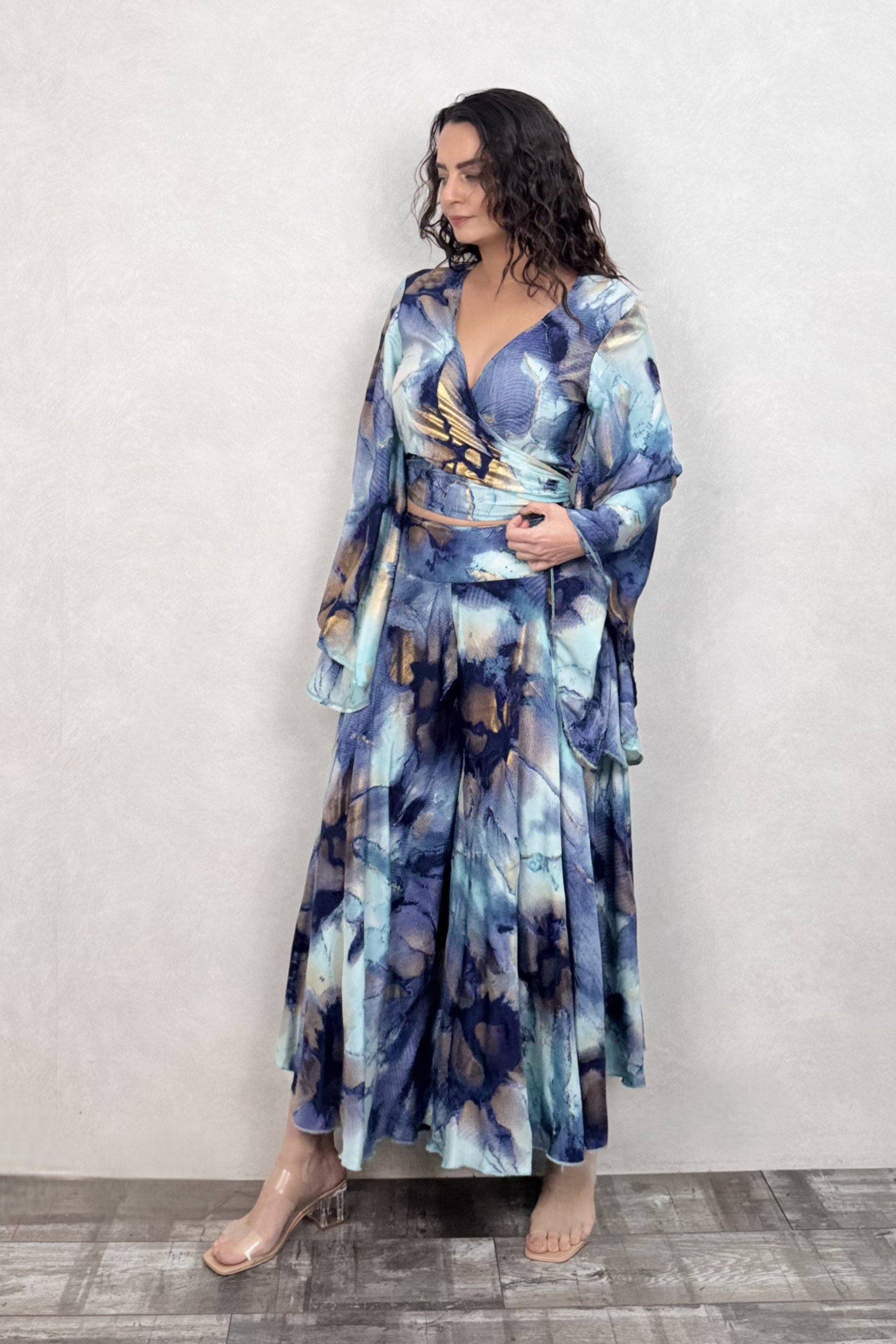 . - Kimono Kol İpek Bolero Bluz - Mavi Gold