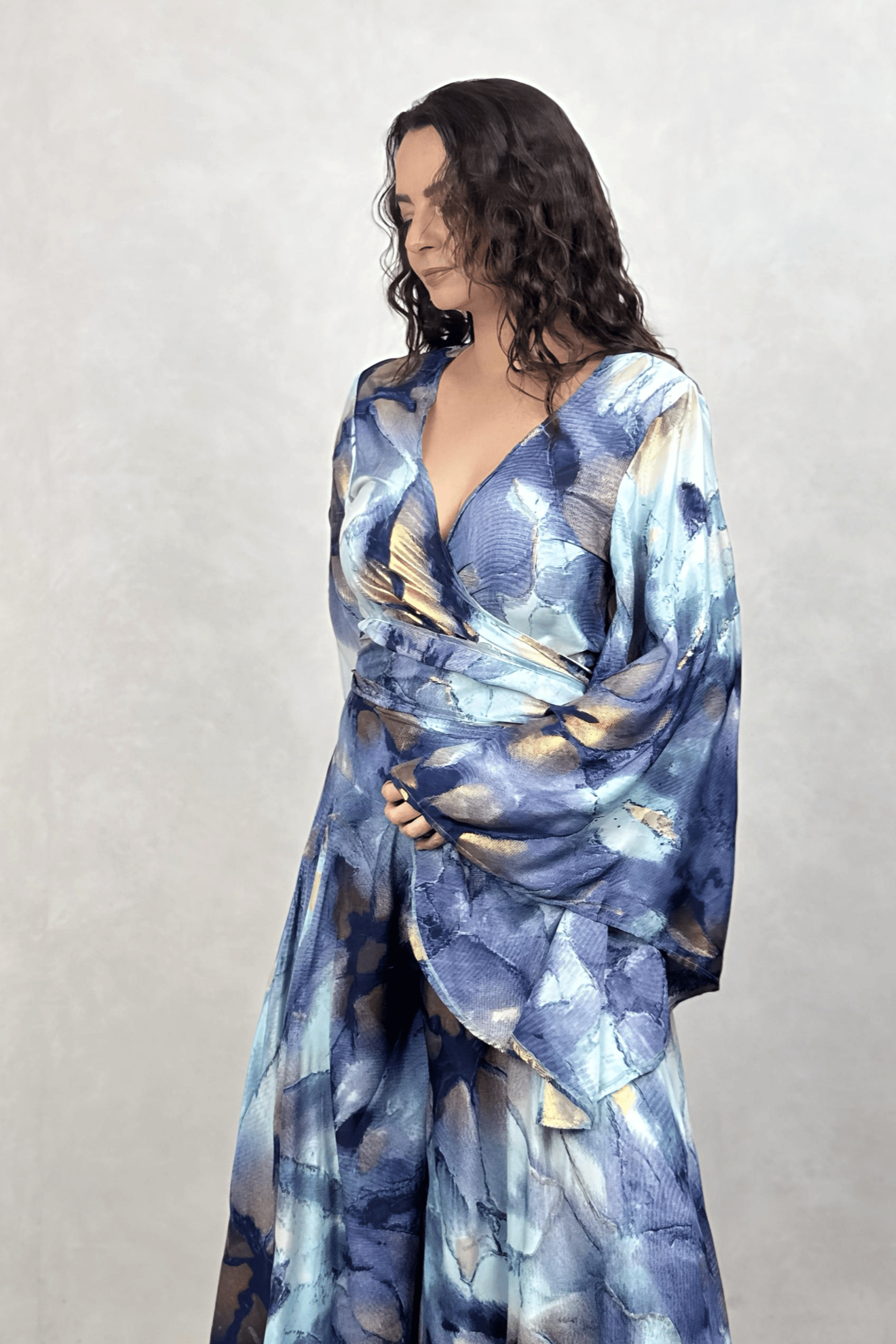 . - Kimono Kol İpek Bolero Bluz - Mavi Gold