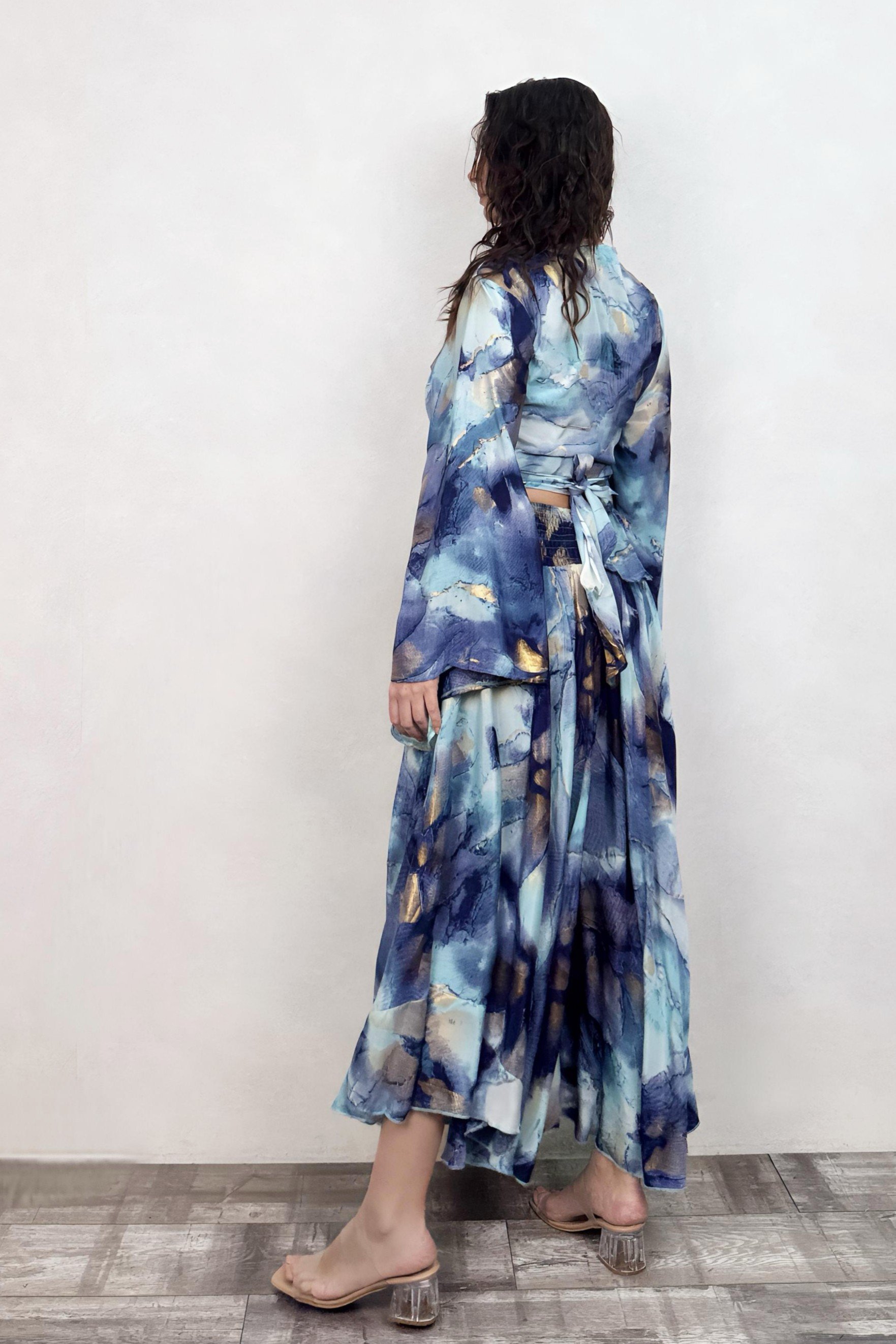 . - Kimono Kol İpek Bolero Bluz - Mavi Gold