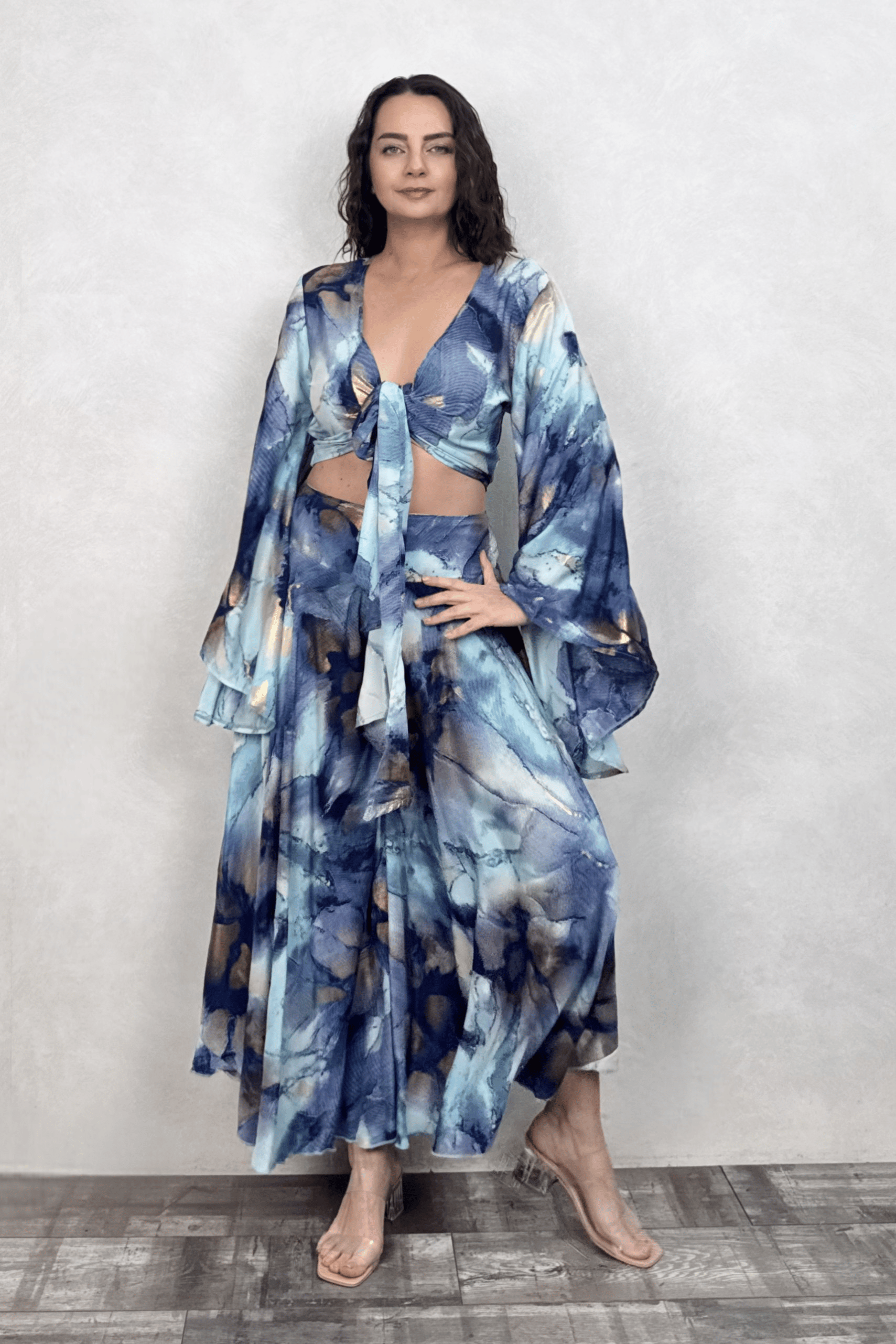 . - Kimono Kol İpek Bolero Bluz - Mavi Gold