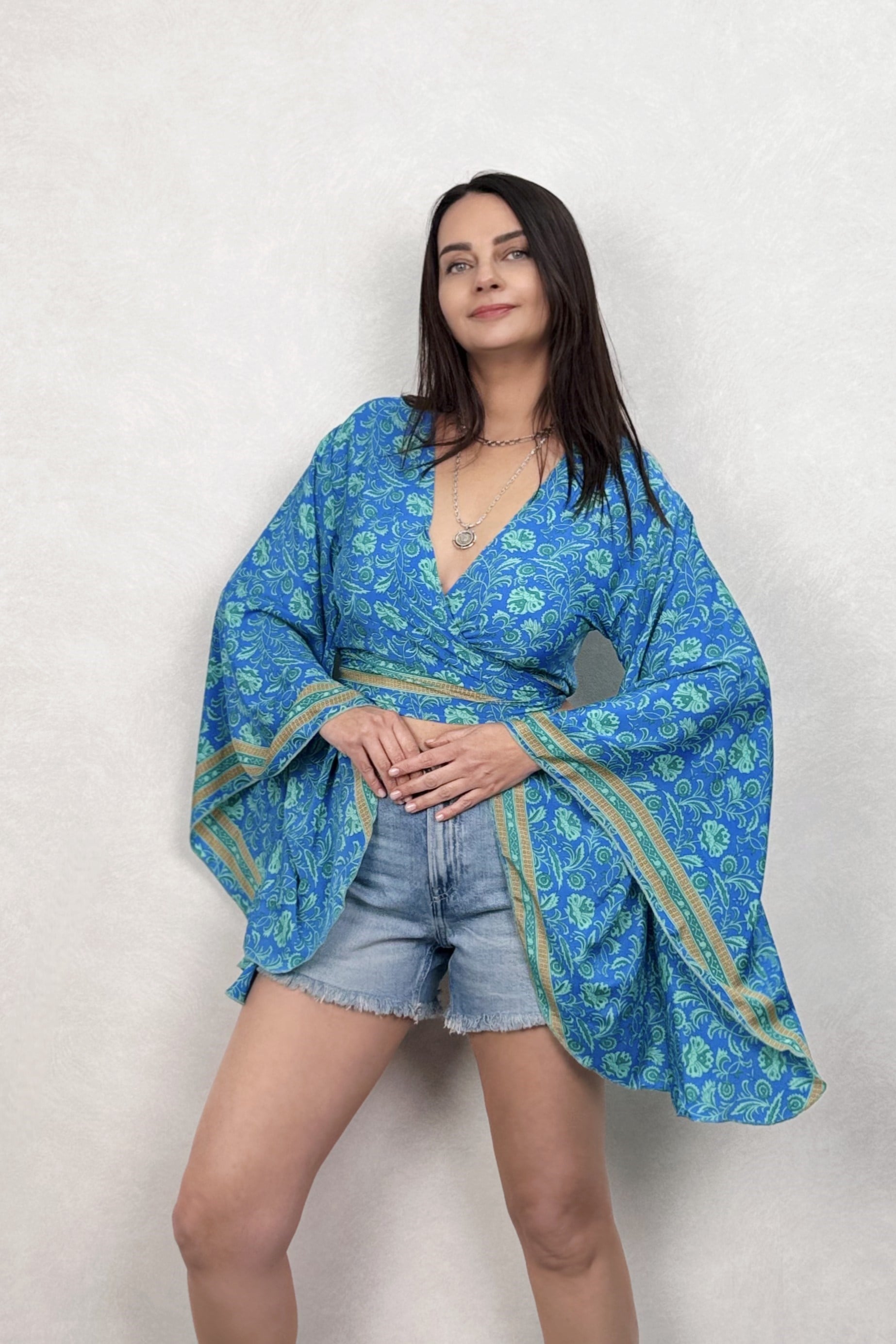 . - Kimono Kol İpek Bolero Bluz - Mavi Şal