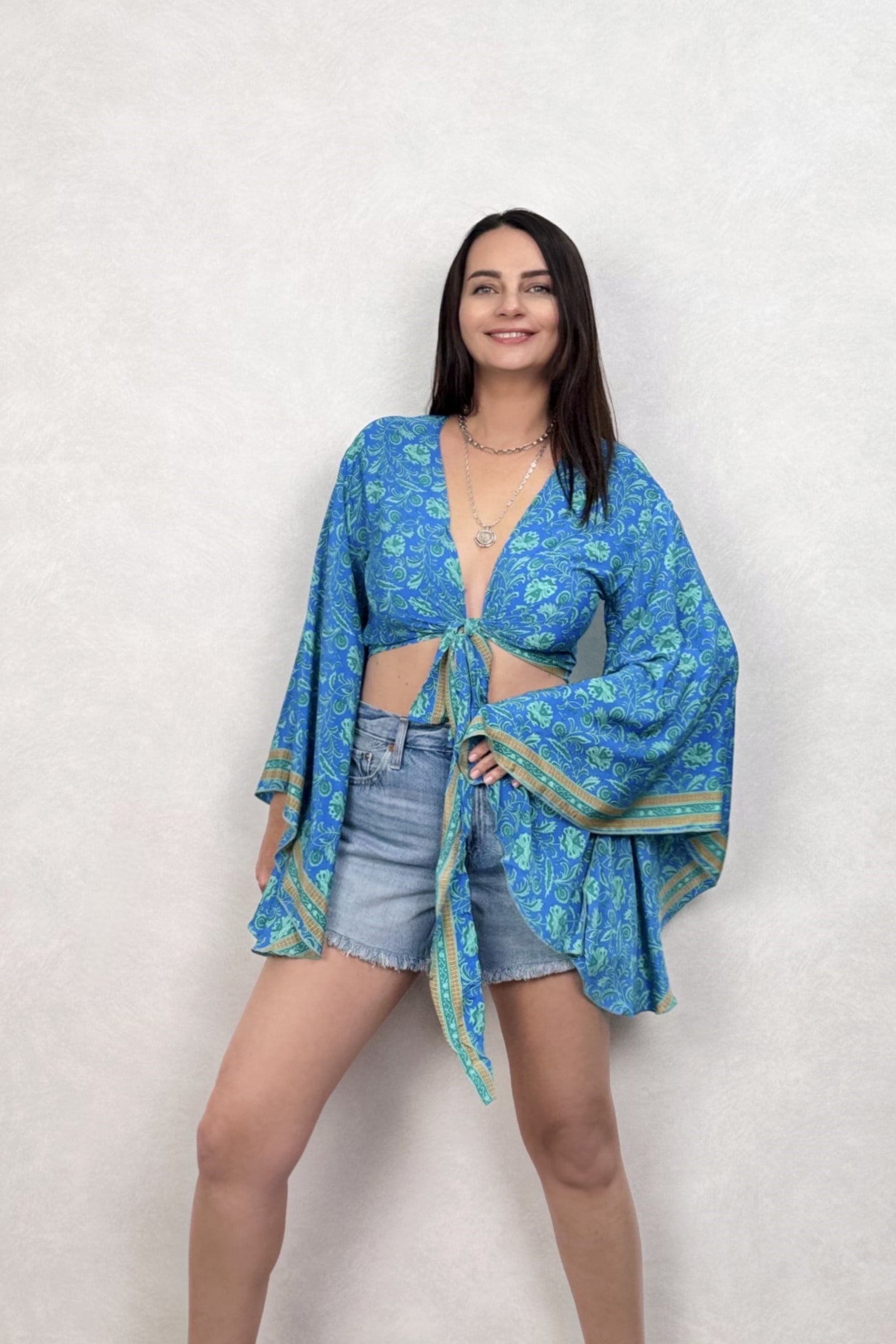 . - Kimono Kol İpek Bolero Bluz - Mavi Şal