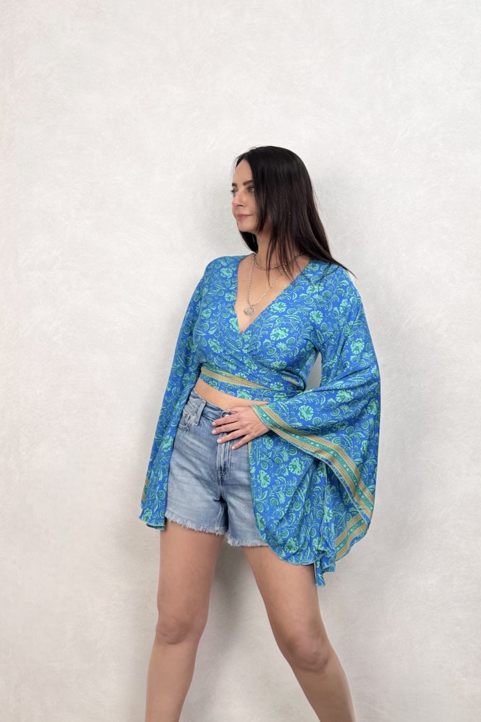 . - Kimono Kol İpek Bolero Bluz - Mavi Şal