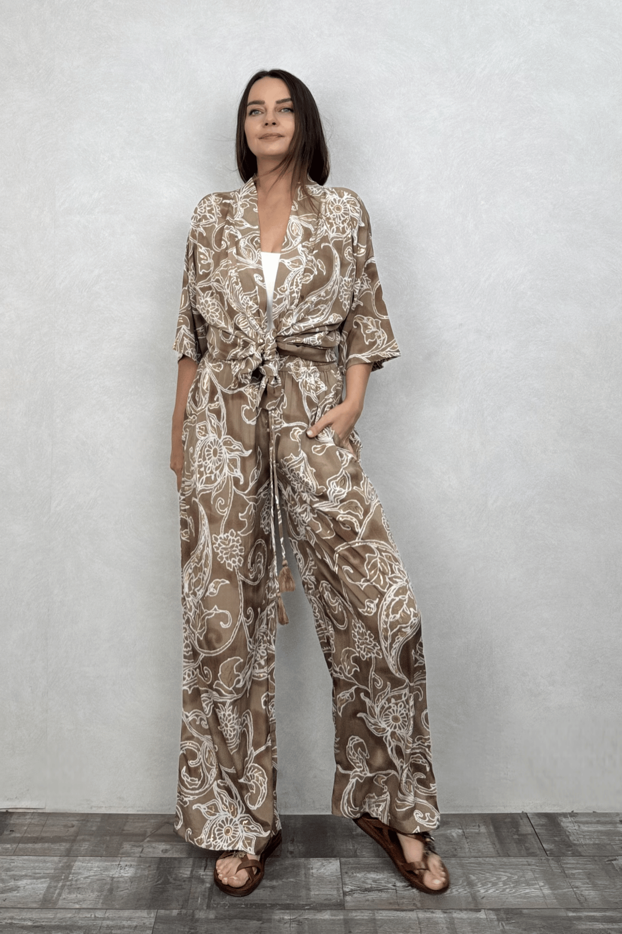 Kybele Kimono Pantolon Takım - Kahve Beyaz
