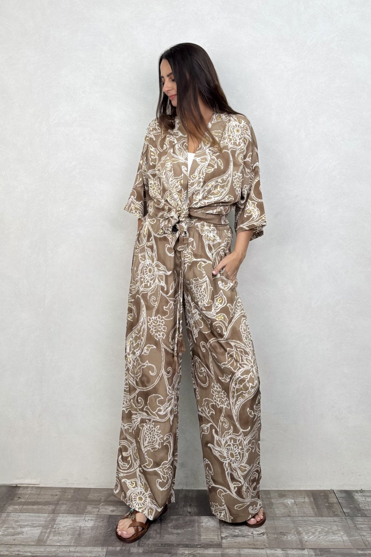 Kybele Kimono Pantolon Takım - Kahve Beyaz