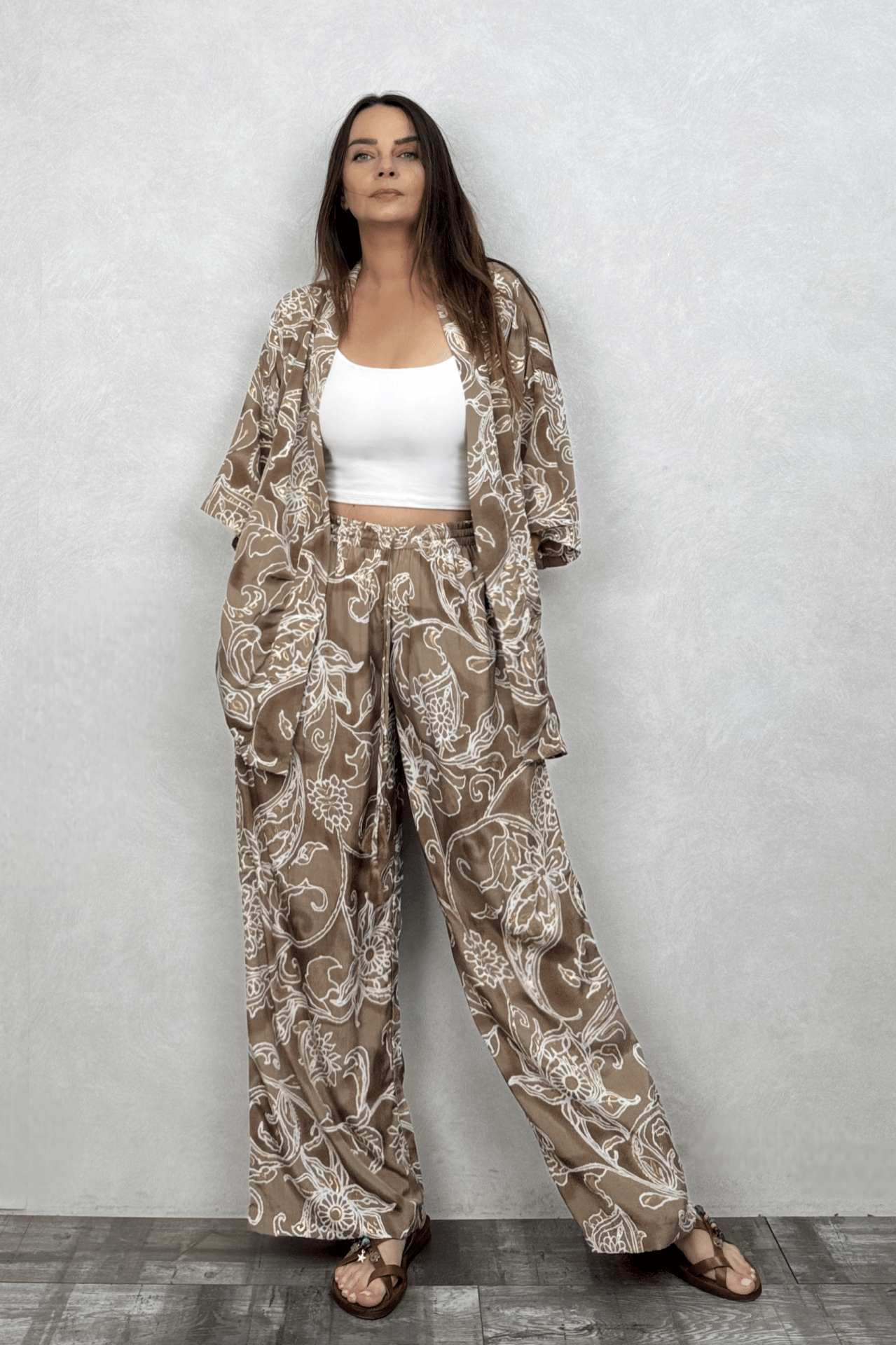 Kybele Kimono Pantolon Takım - Kahve Beyaz
