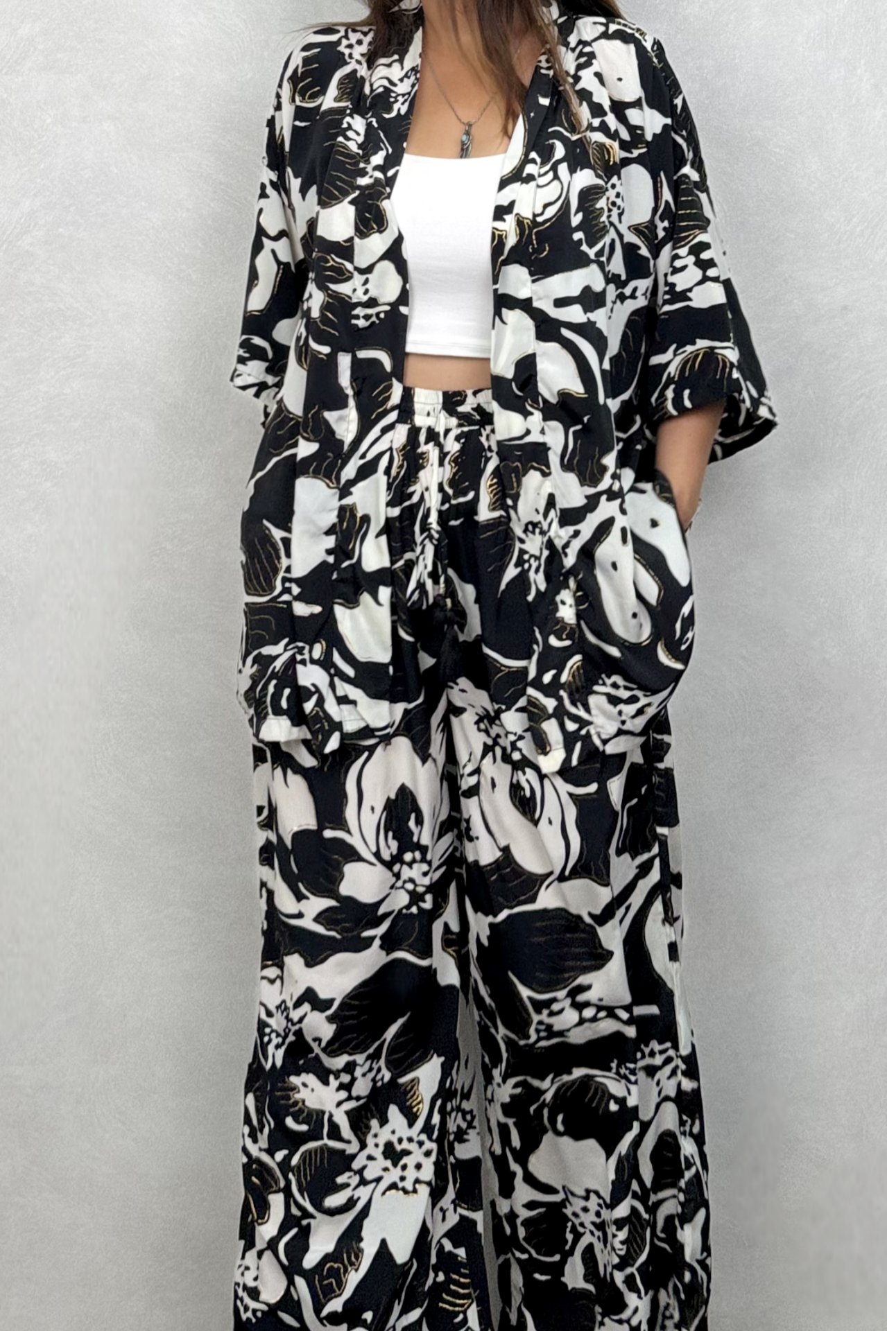 Kybele Kimono Pantolon Takım - Siyah Beyaz