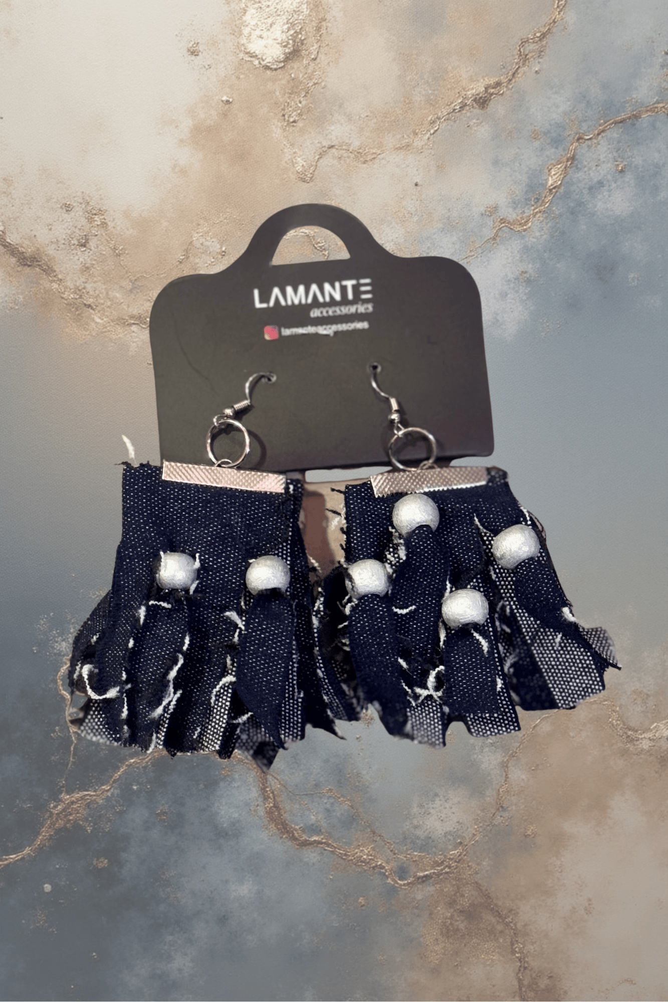 . - Lamante Denim Beyaz Detaylı Küpe - Mavi