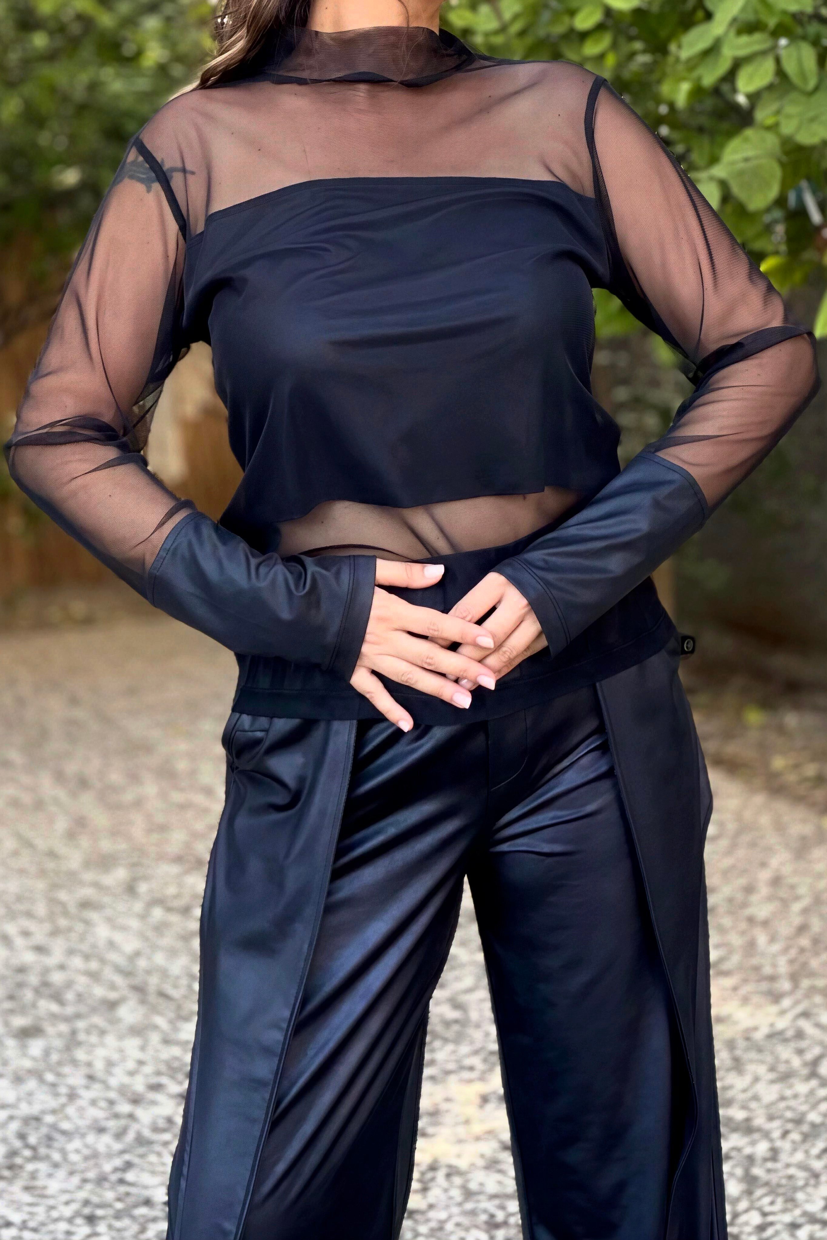 . - Lamante Mesh Tül Bluz - Siyah