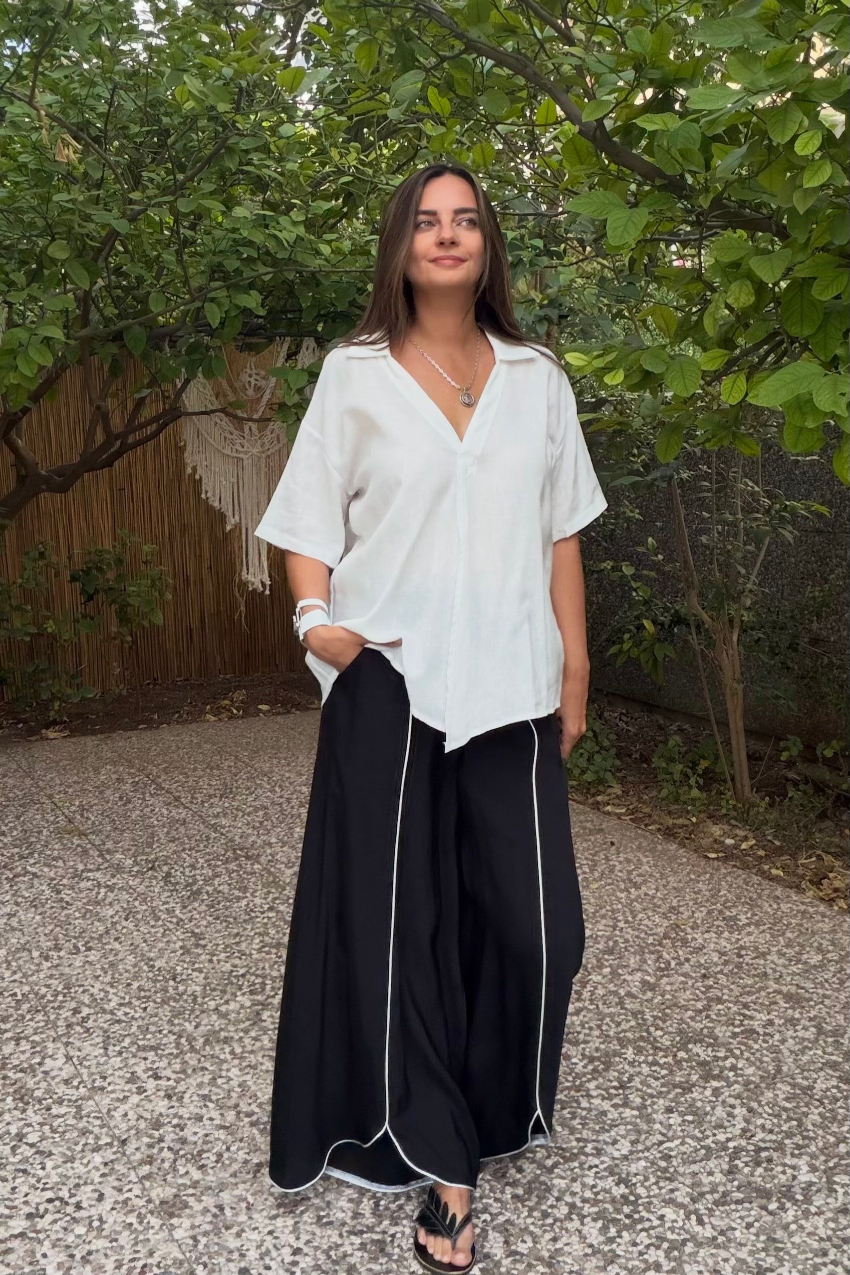 . - Lamante Pencereli Keten Bluz - Beyaz