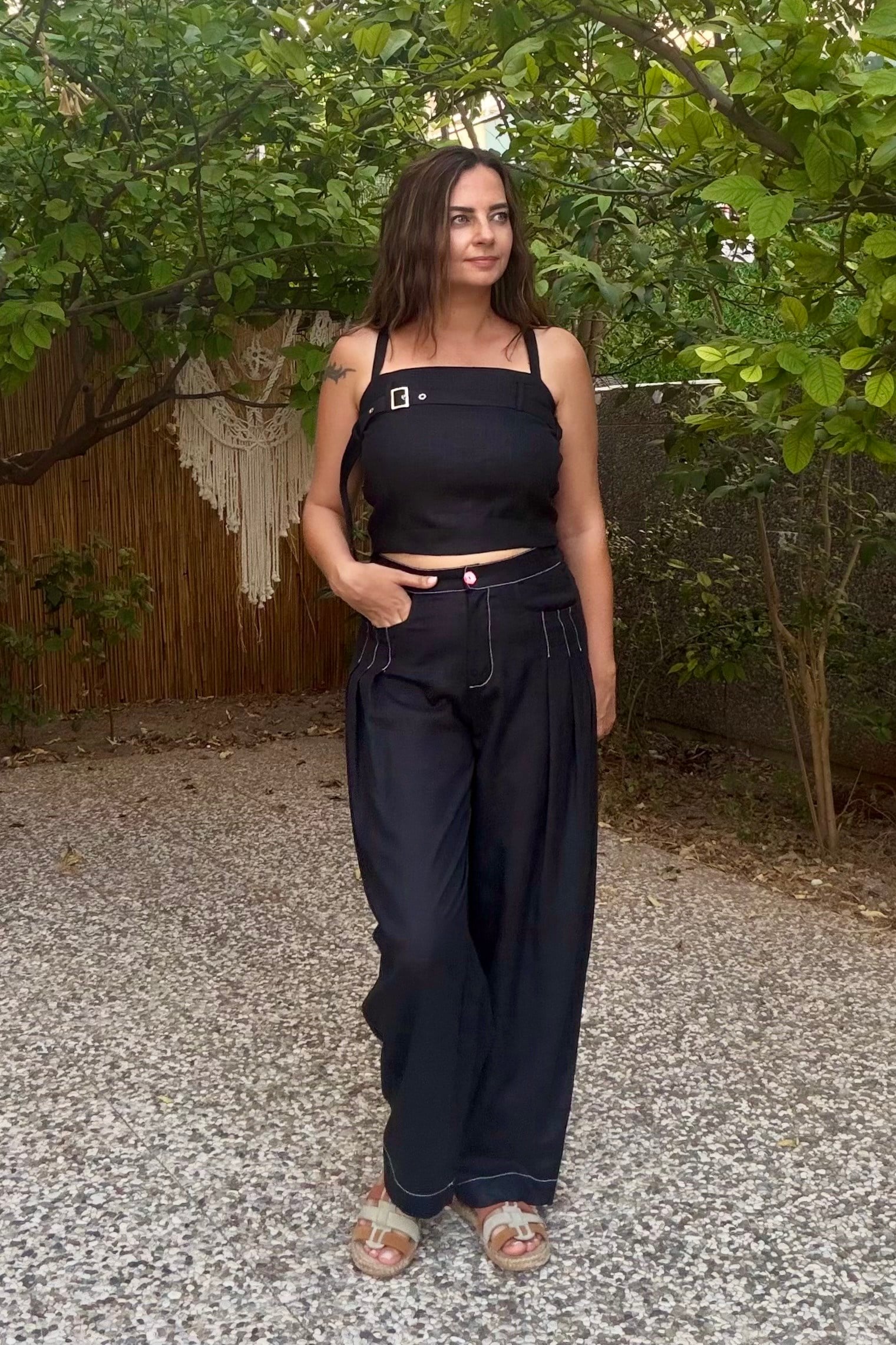. - Lamante Prime Keten Crop Bluz - Siyah