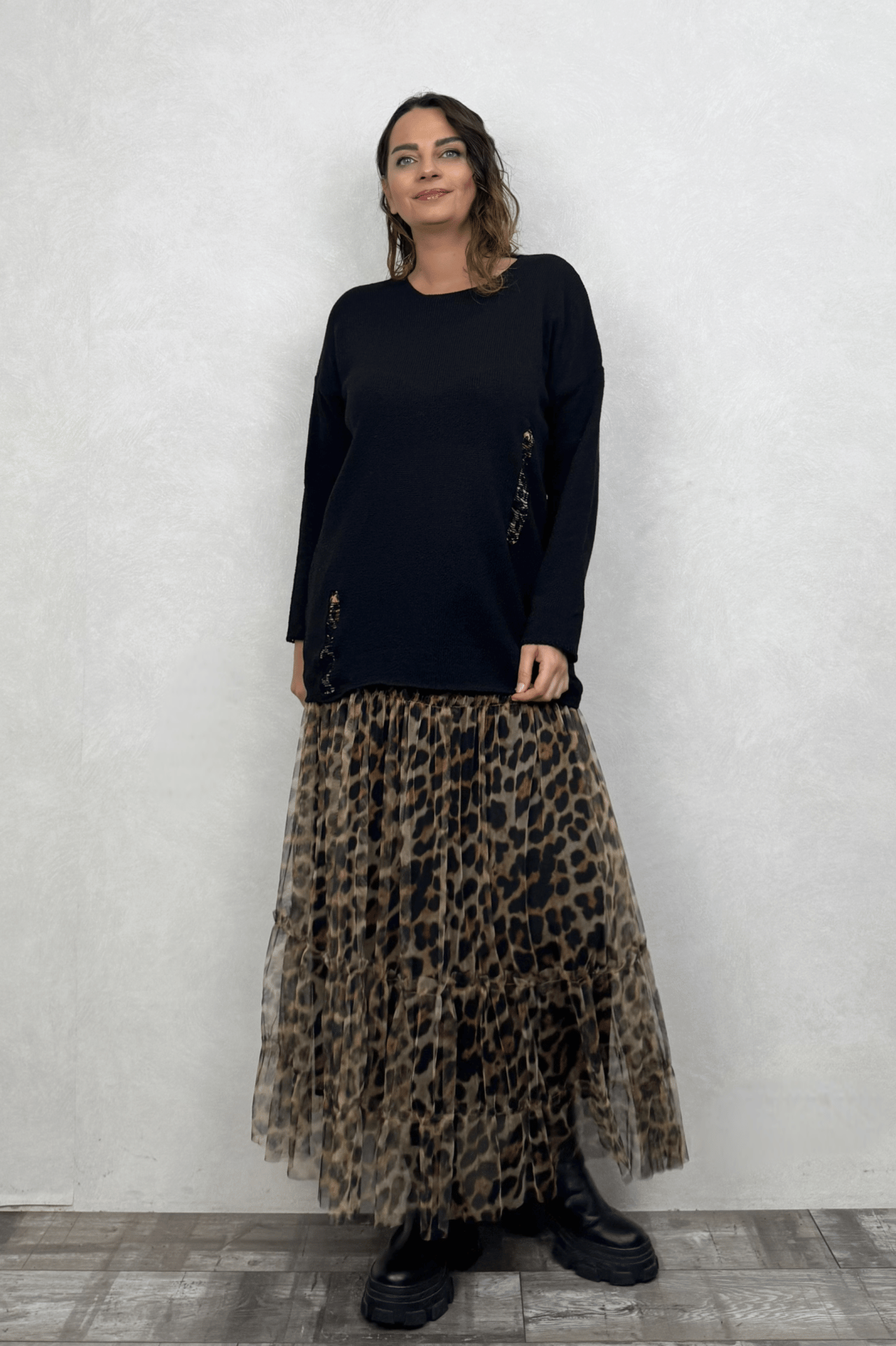 Leopar Yama Detaylı Triko Bluz- Siyah